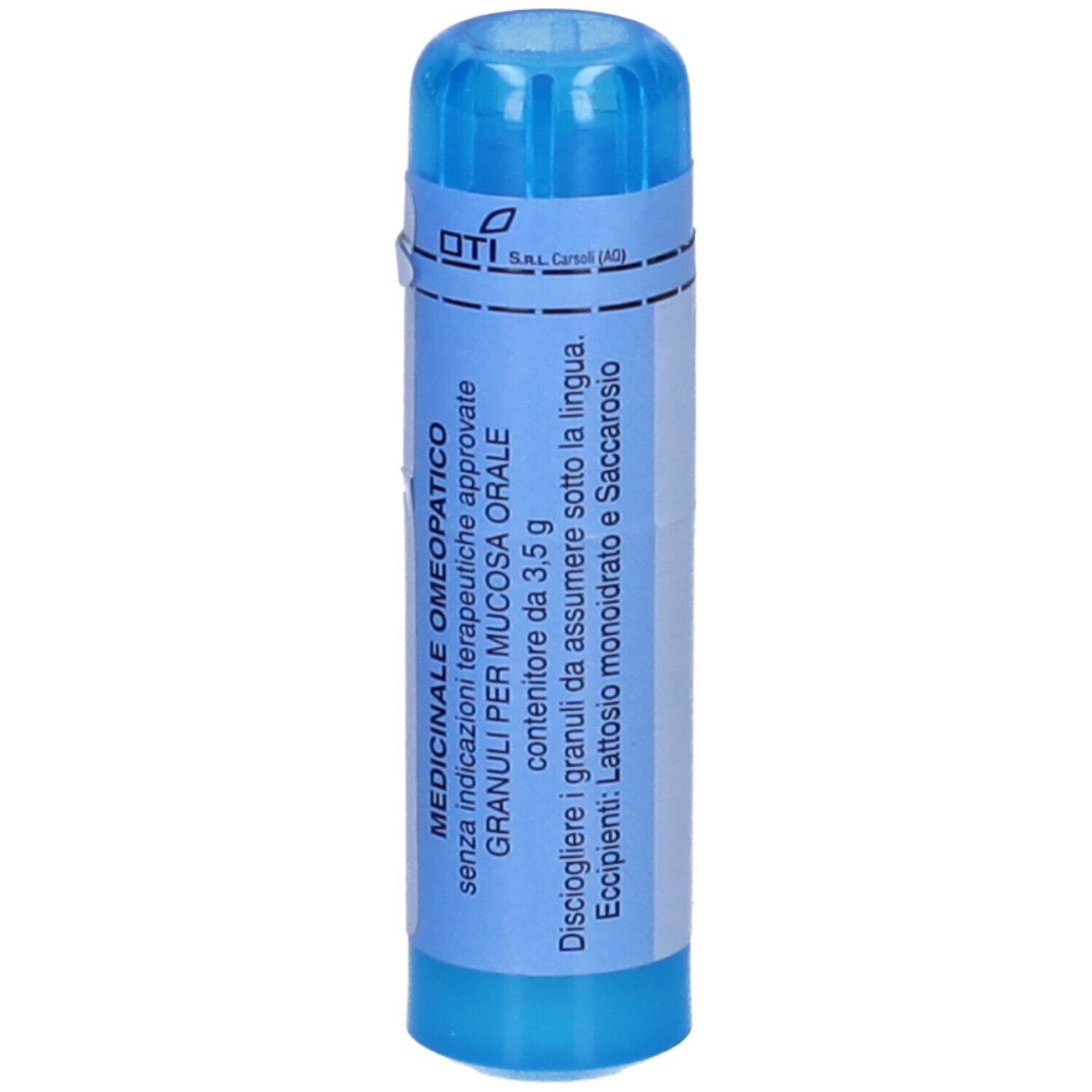 Confezione cilindrica blu e bianca. Testo: 'Medicinale omeopatico'. Contiene 3,5 g di granuli.