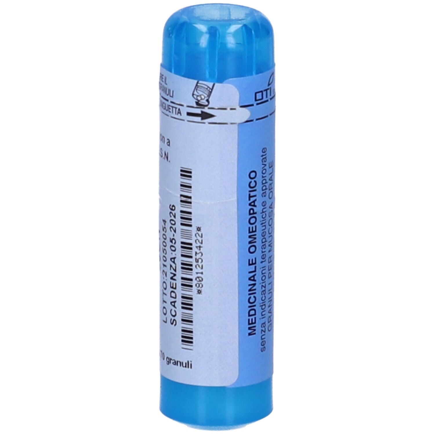 Confezione cilindrica blu e bianca. Scritta: Cuprum Metallicum 30CH, 70 Granuli. Scadenza 05-2026.