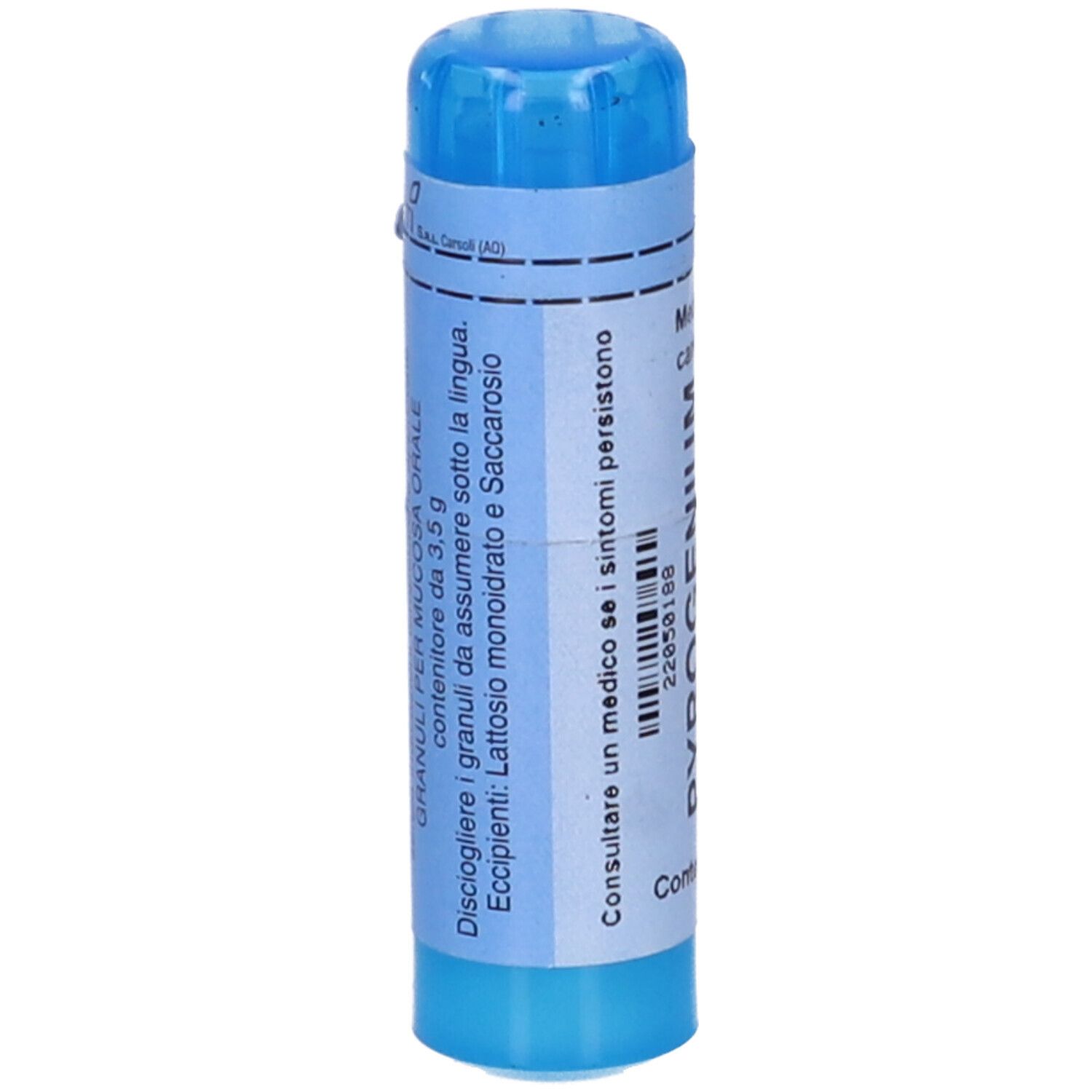 Flacone blu di granuli con etichetta bianca. Contiene granuli. Scritta: Granuli per mucosa orale.