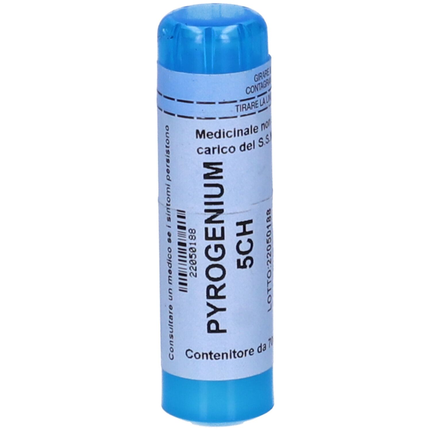 Flacone blu di granuli con etichetta bianca. Scritta: PYROGENIUM 5CH. Contiene granuli.