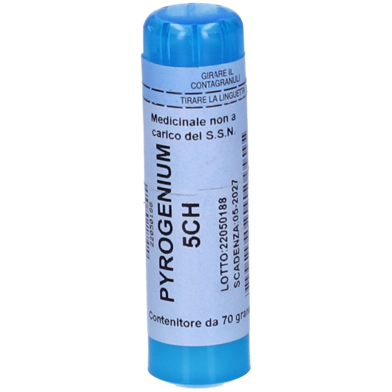 Flacone blu di granuli con etichetta bianca. Scritta: PYROGENIUM 5CH. Contiene 70 granuli. Scadenza.