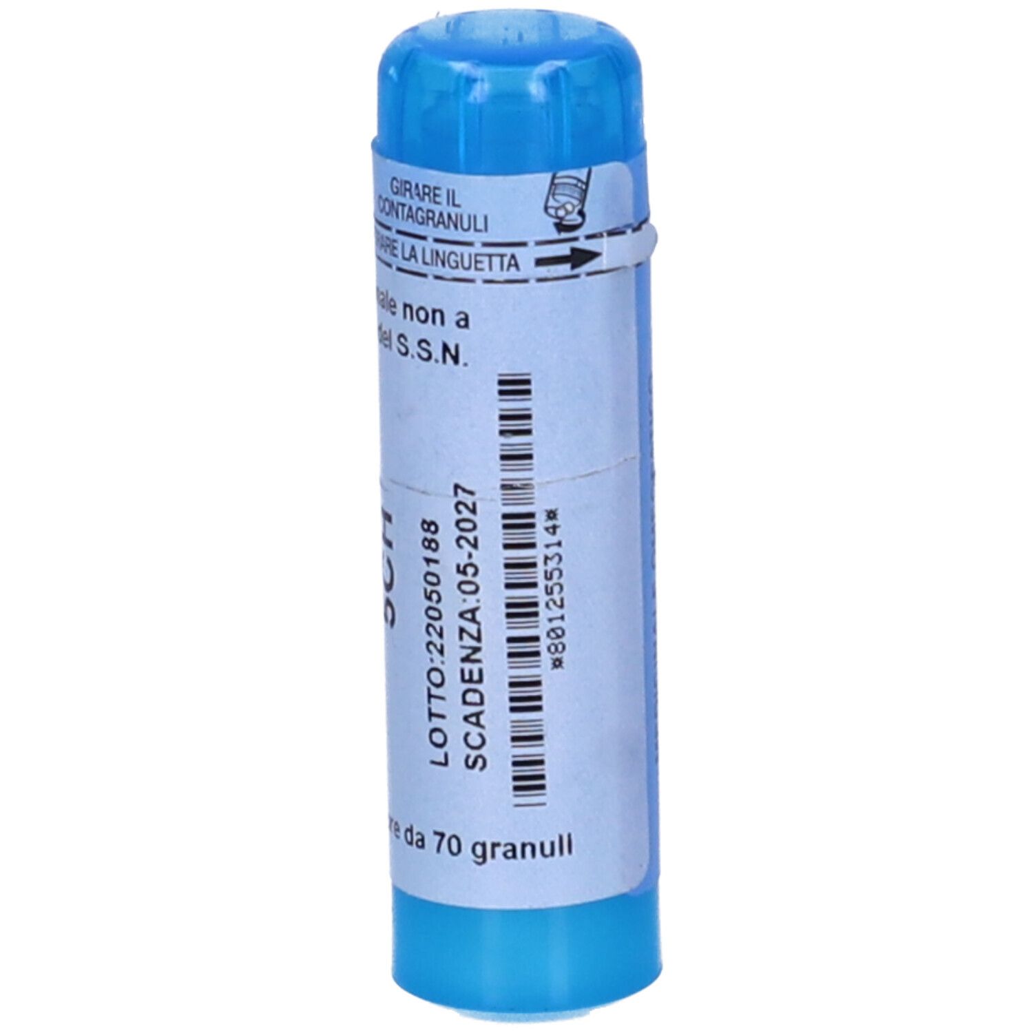 Flacone blu di granuli con etichetta bianca. Scritta: PYROGENIUM 5CH. Contiene 70 granuli. Scadenza.