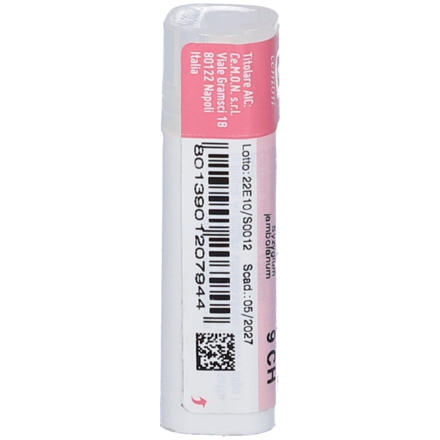 Confezione cilindrica con etichetta rosa e bianca. Codice a barre e testo. Scritta: Syzygium Jambolanum 9 CH.
