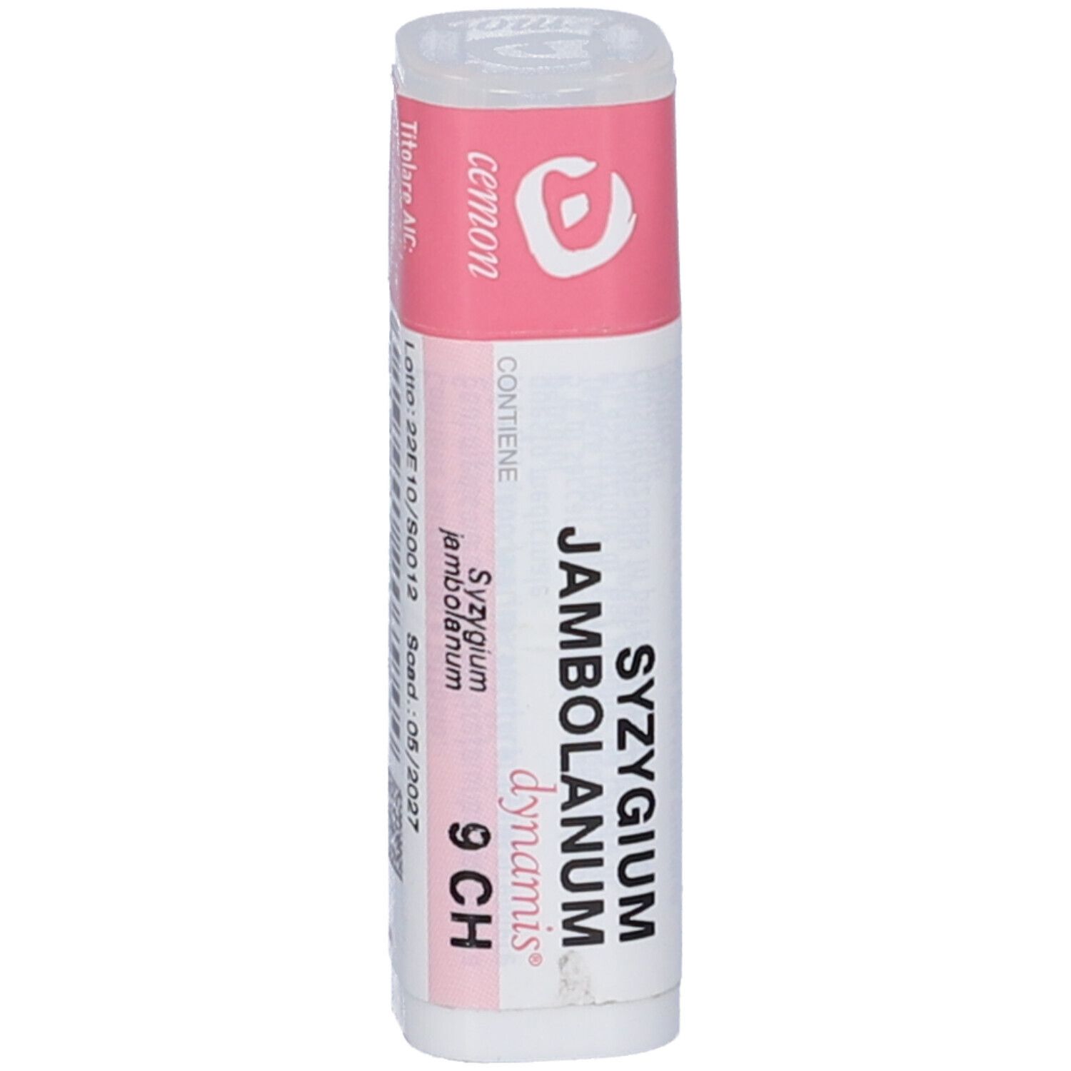 Confezione cilindrica con etichetta rosa e bianca. Scritta: Syzygium Jambolanum 9 CH.