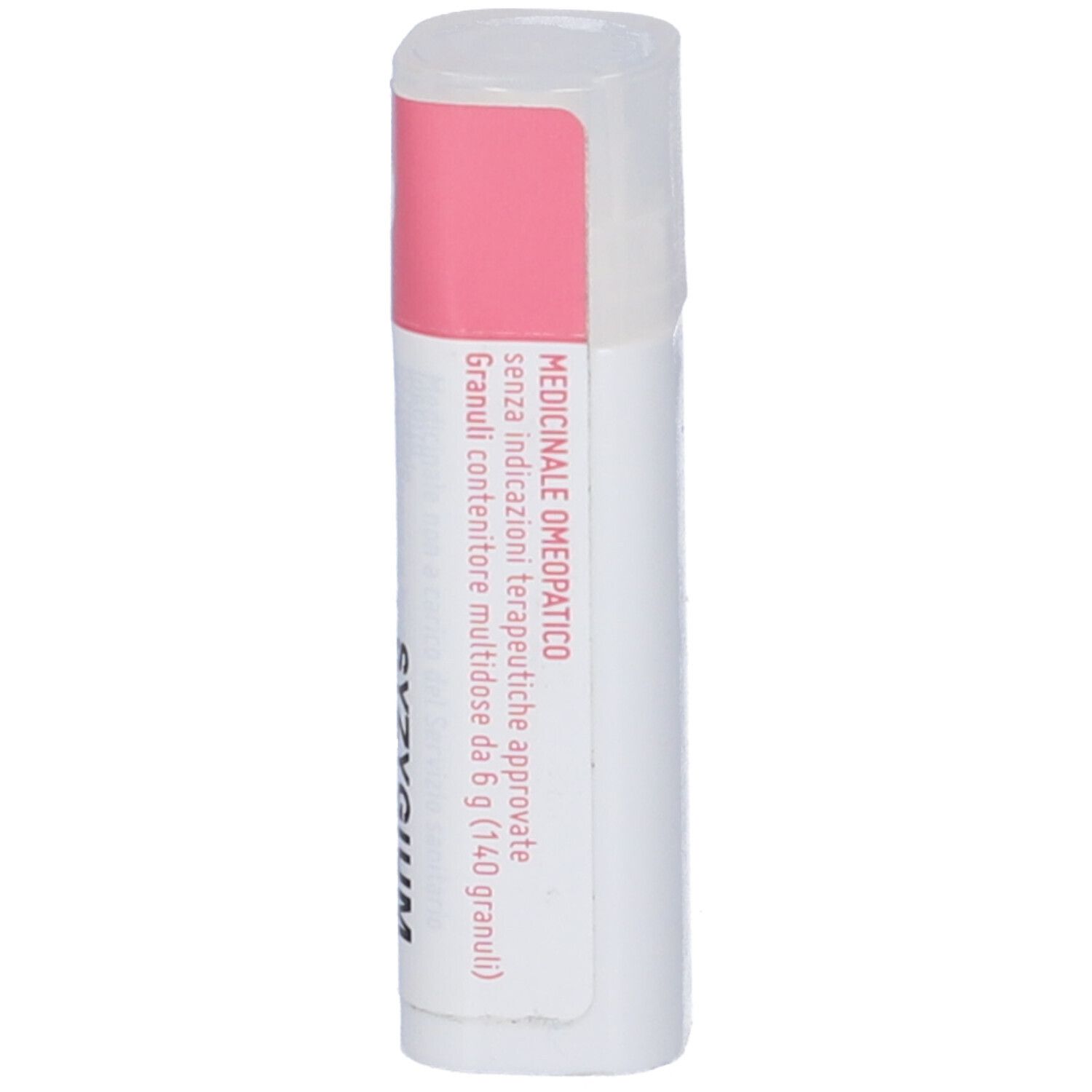 Confezione cilindrica bianca con coperchio rosa. Testo sull'etichetta.