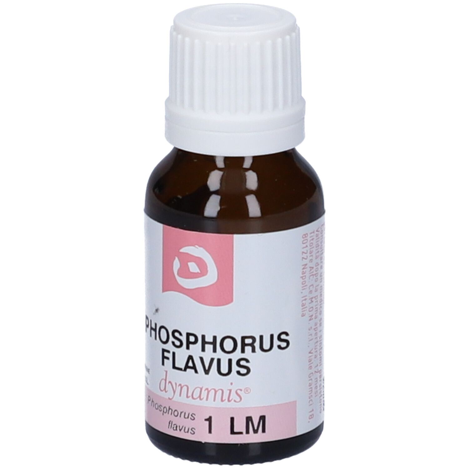 Flacone di vetro marrone con tappo bianco. Etichetta con nome, marchio e dosaggio. Logo rosa.