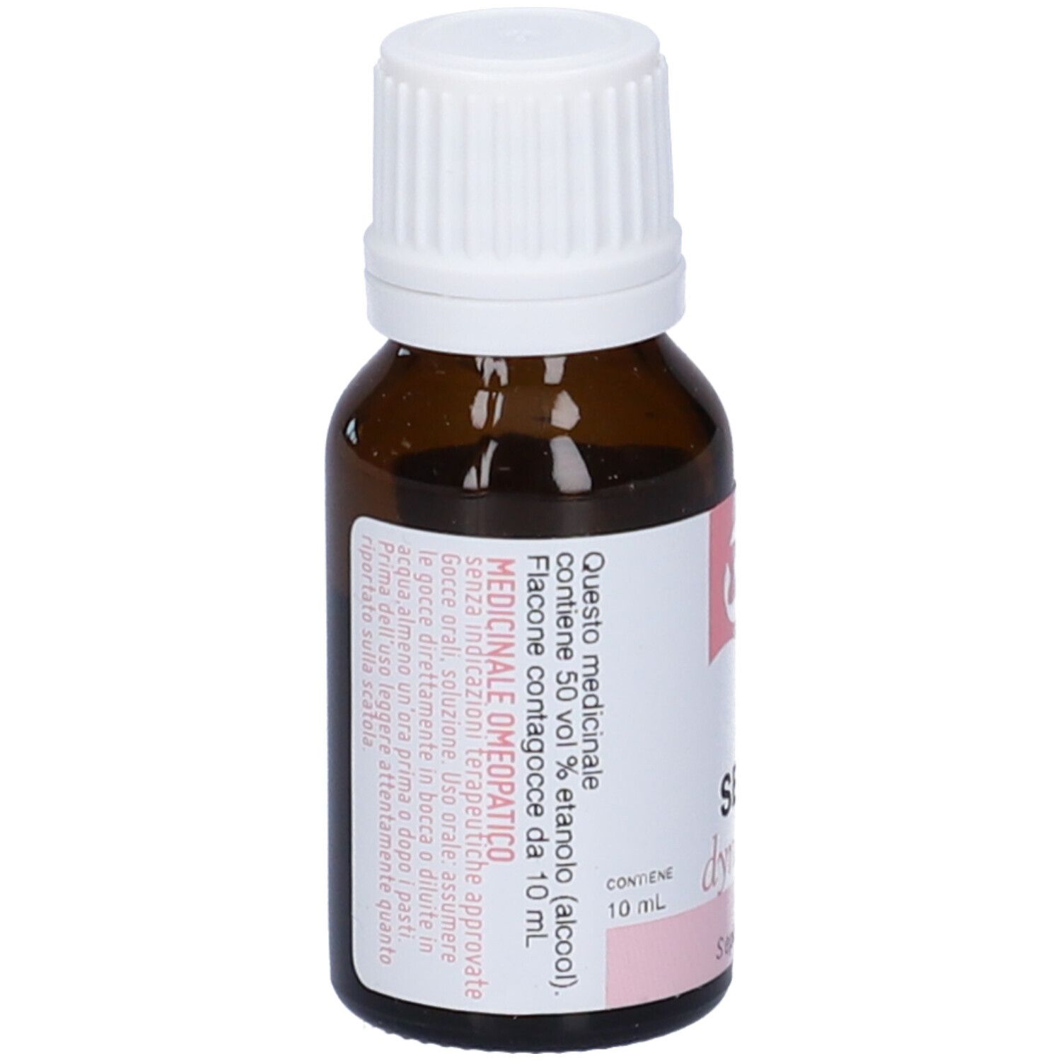Flacone di vetro marrone con tappo bianco. Etichetta con testo e accenti rosa. 10 ml.