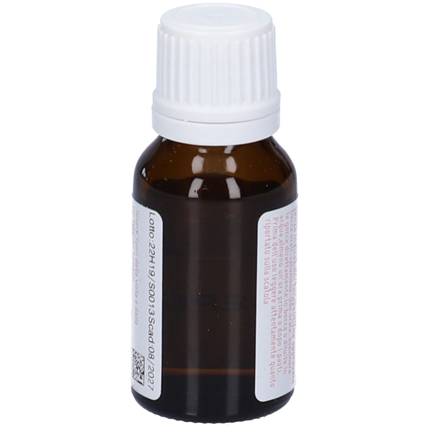 Flacone di vetro marrone con tappo bianco. Etichetta con testo e accenti rosa. 10 ml.