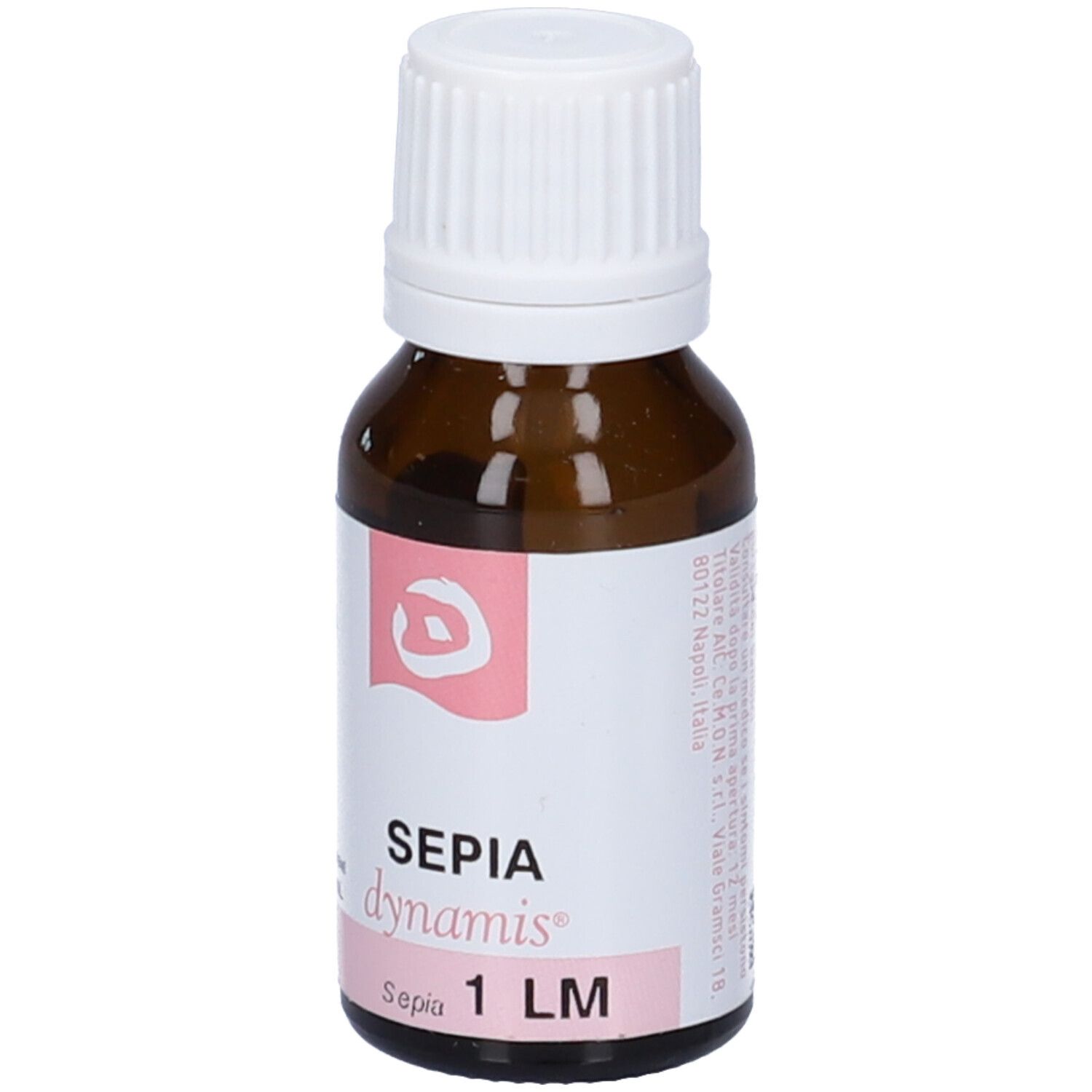 Flacone di vetro marrone con tappo bianco. Etichetta con testo e accenti rosa. 10 ml.