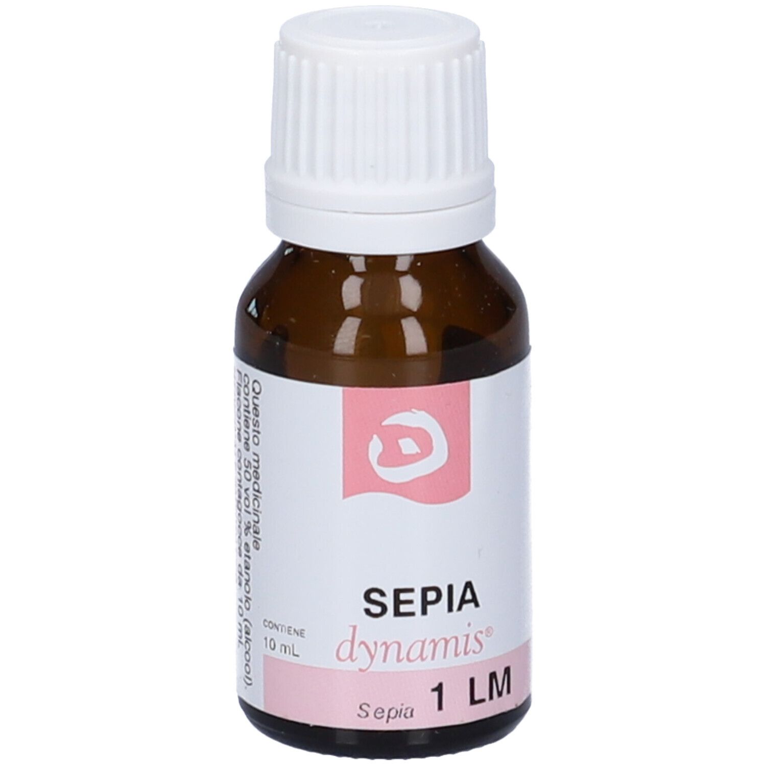 Flacone di vetro marrone con tappo bianco. Etichetta con testo e accenti rosa. 10 ml.