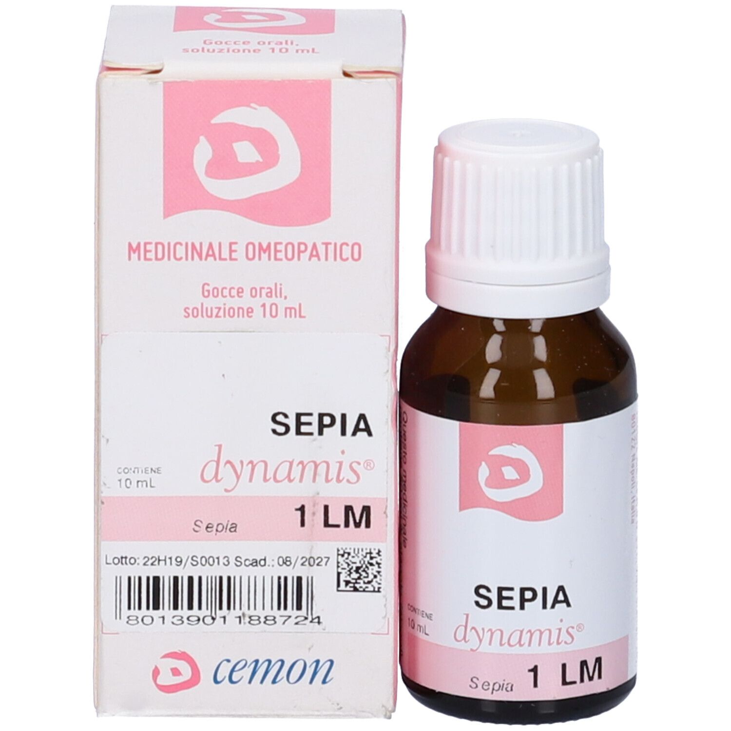Flacone di vetro marrone e confezione in cartone. Scritta: SEPIA, dynamis, 1 LM. 10 ml.