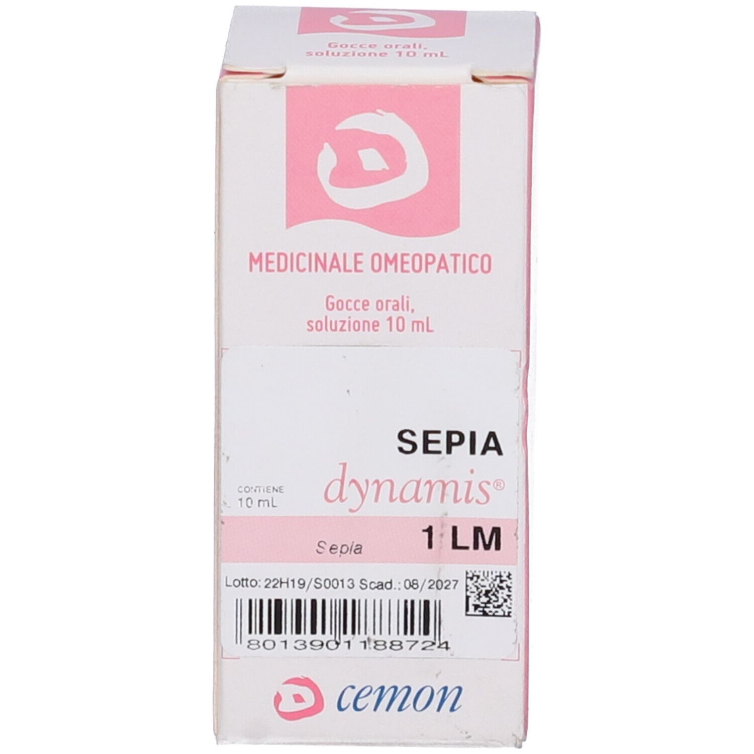 Confezione in cartone con testo e accenti rosa. Scritta: SEPIA, dynamis, 1 LM. 10 ml.
