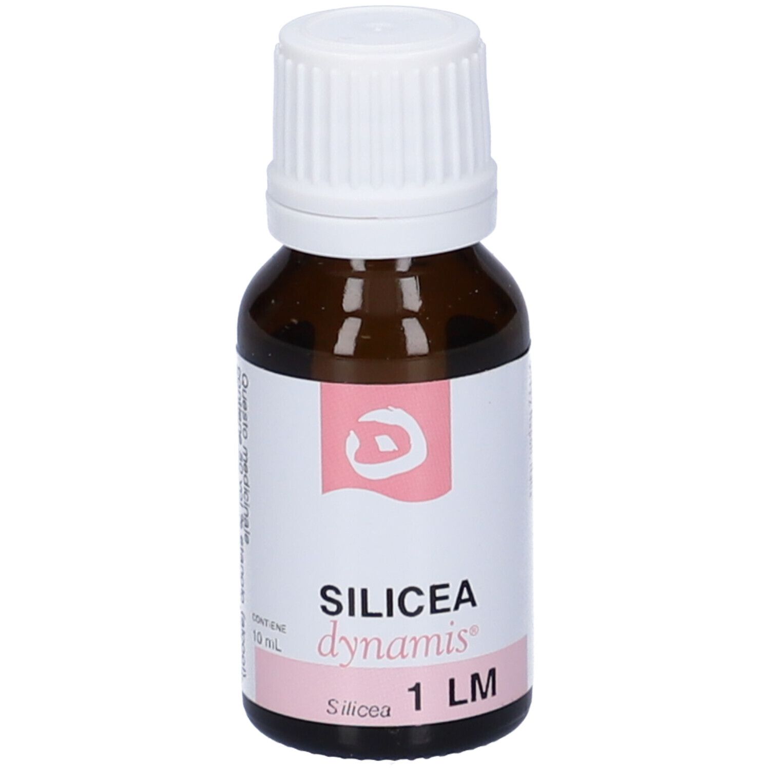 Flacone in vetro marrone con tappo bianco. Etichetta rosa con: SILICEA dynamis 1 LM.