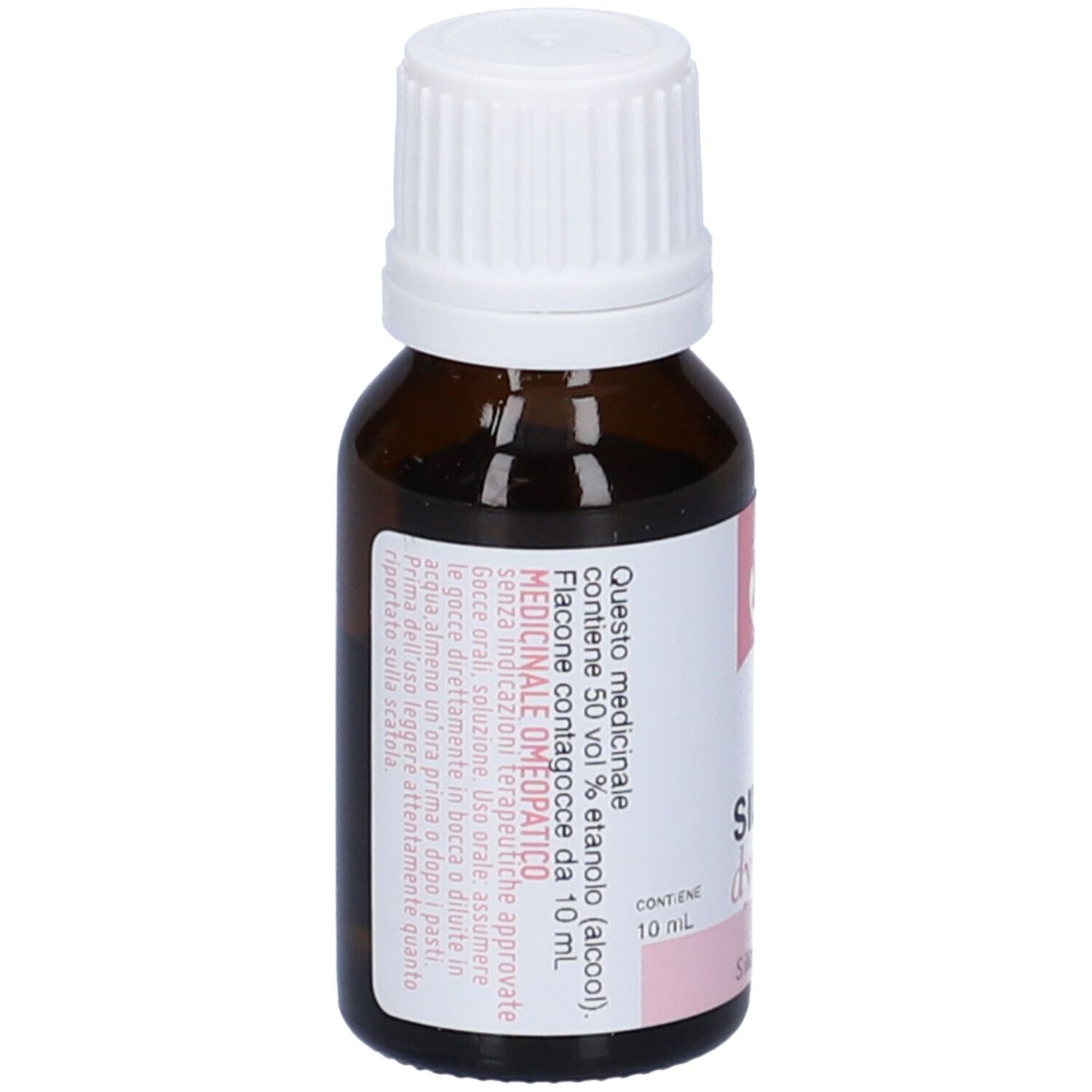 Flacone in vetro marrone con tappo bianco. Etichetta rosa con testo. Contiene 50% etanolo.