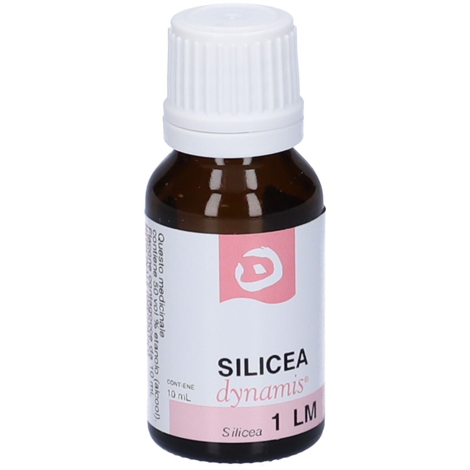 Flacone in vetro marrone con tappo bianco. Etichetta rosa con: SILICEA dynamis 1 LM.