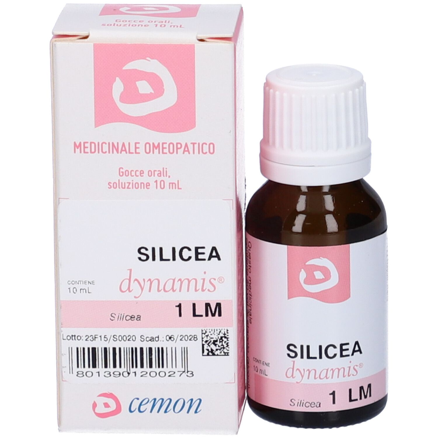 Flacone in vetro marrone e scatola. Scritte: SILICEA dynamis 1 LM. Contiene 10 ml.