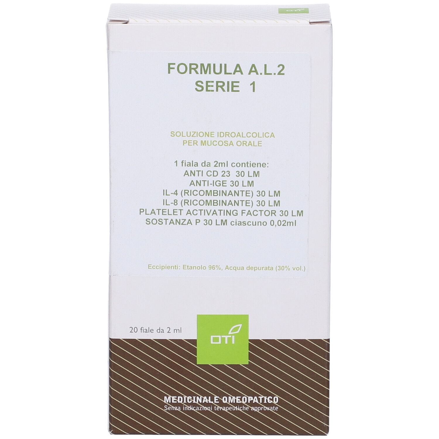 Scatola bianca con informazioni sul prodotto. Testo: Formula A.L.2 Serie 1, 20 fiale. Logo OTI.
