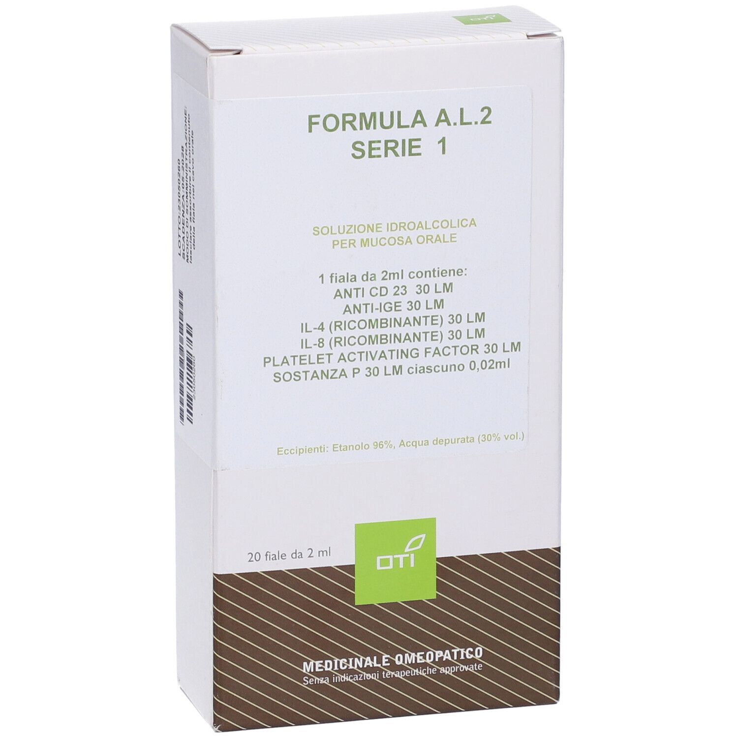 Scatola bianca con informazioni sul prodotto. Testo: Formula A.L.2 Serie 1, 20 fiale. Logo OTI.