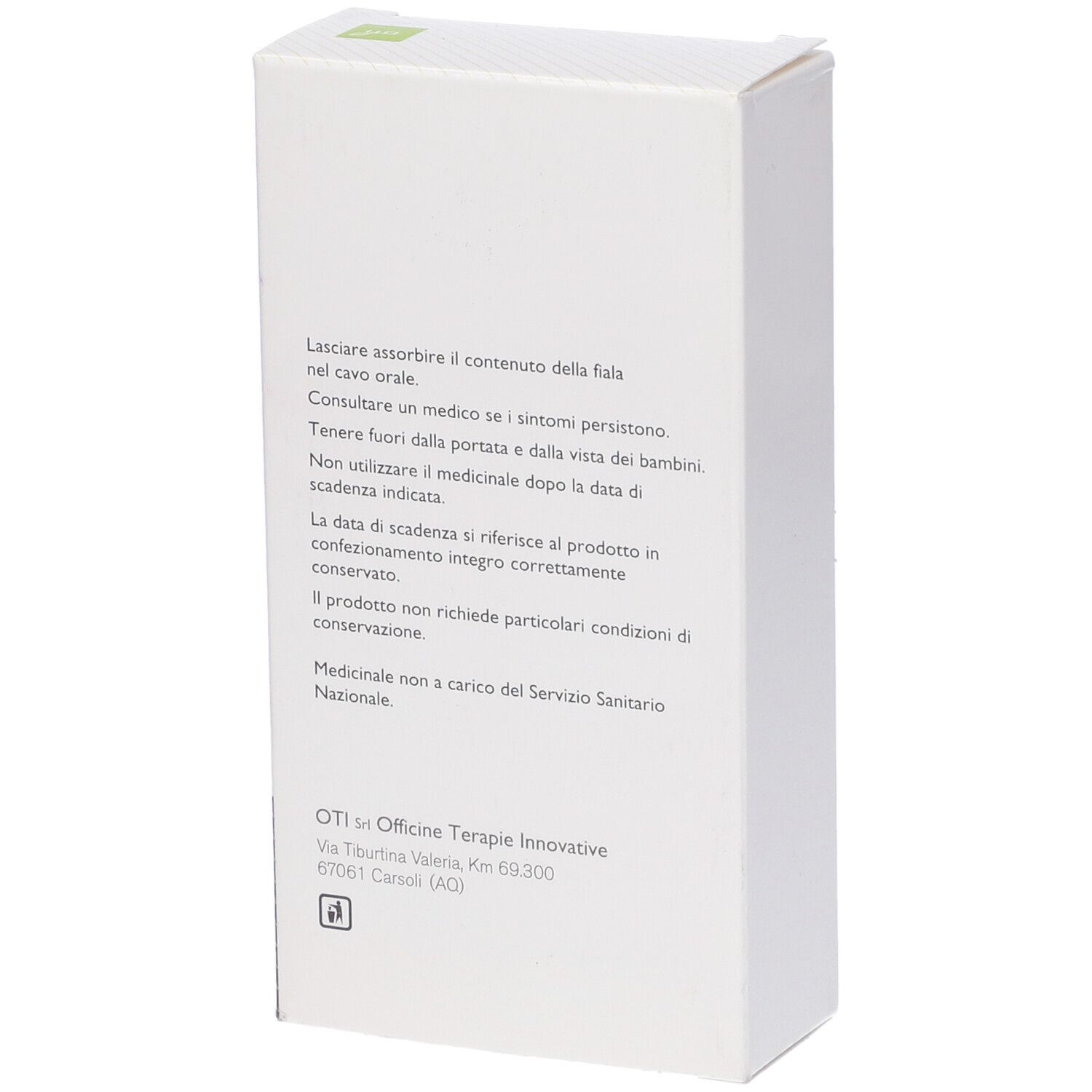 Confezione bianca con testo. Testo: istruzioni per l'uso, indirizzo OTI.