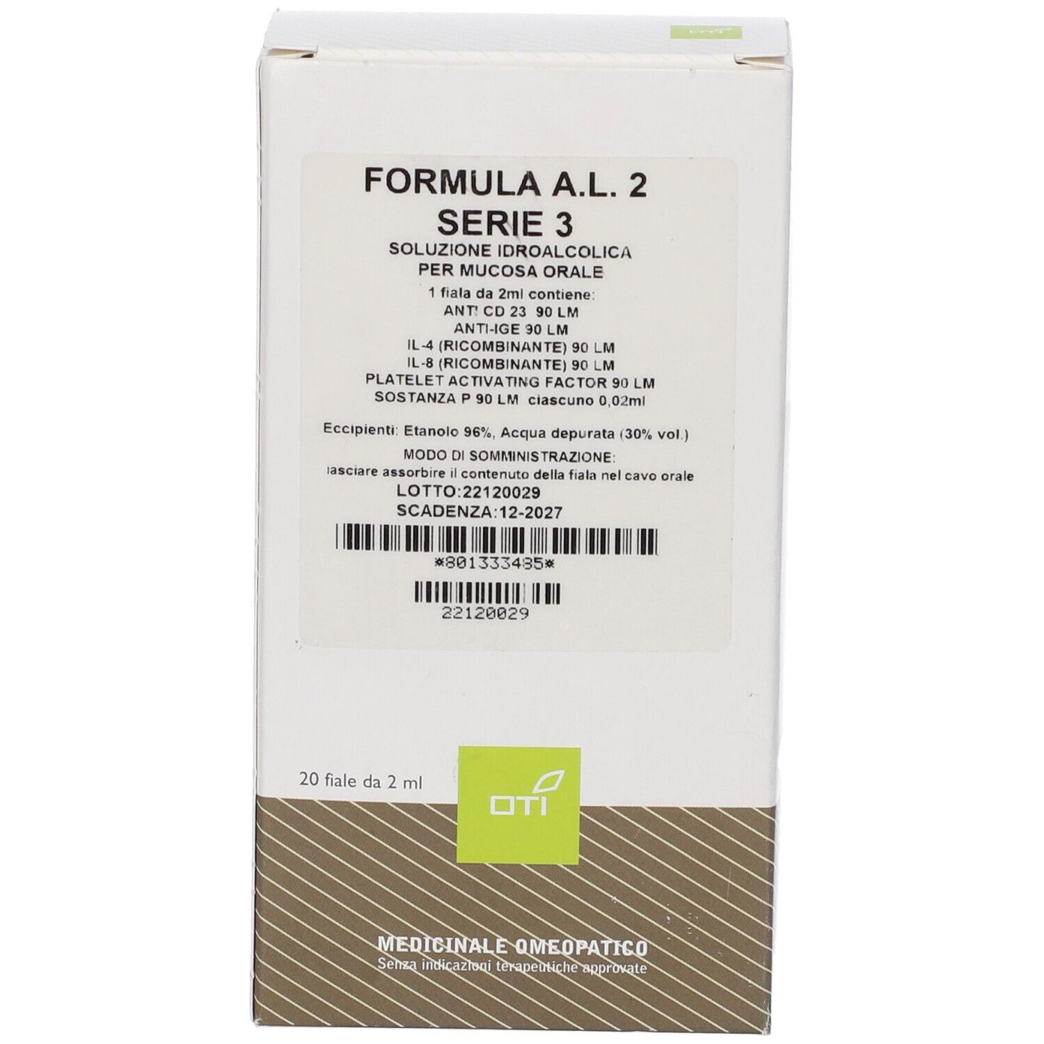 Scatola bianca con informazioni sul prodotto. Scritto: Formula A.L. 2 Serie 3. Contiene 20 fiale da 2 ml.