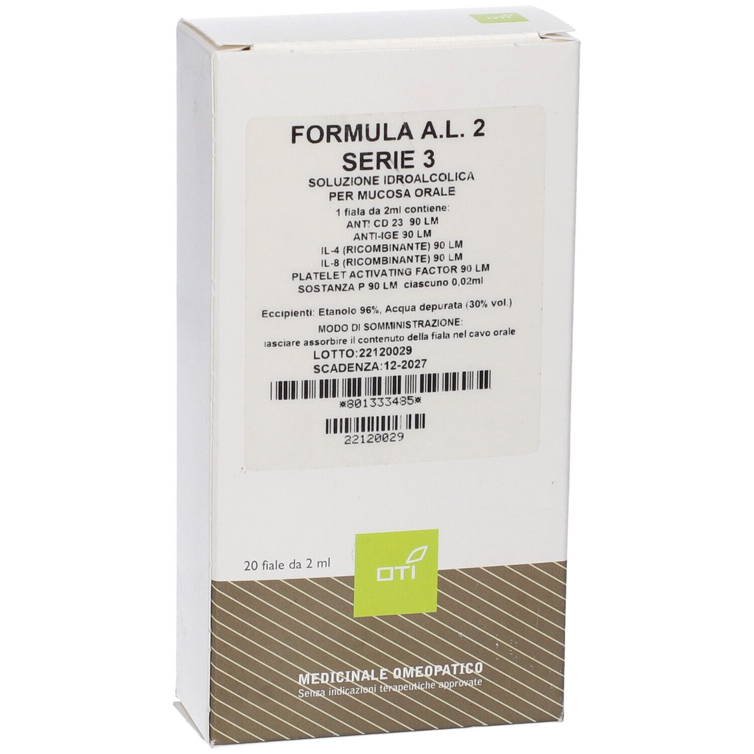 Scatola bianca con informazioni sul prodotto. Scritto: Formula A.L. 2 Serie 3. Contiene 20 fiale da 2 ml.