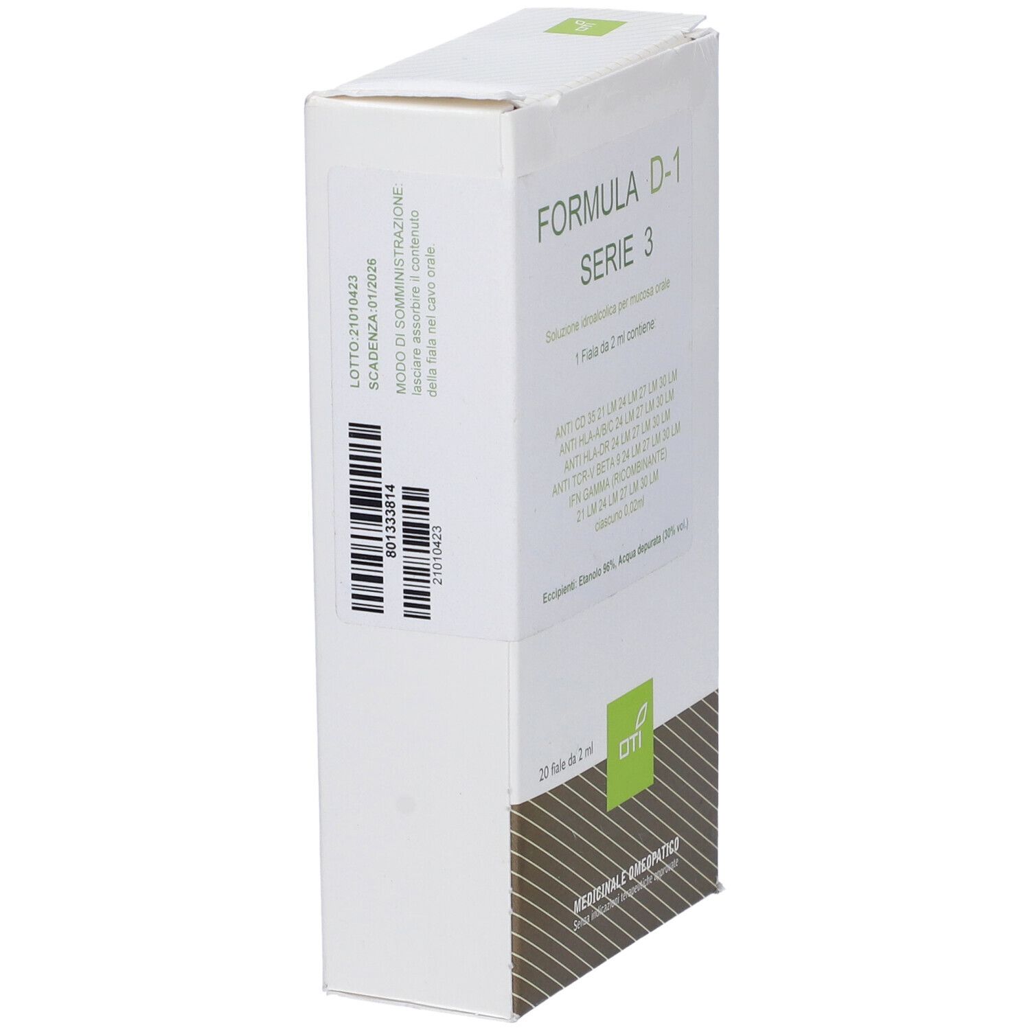 Scatola bianca, FORMULA D-1 SERIE 3. Codice a barre e testo. Logo OTI. 20 fiale. Medicinale omeopatico.