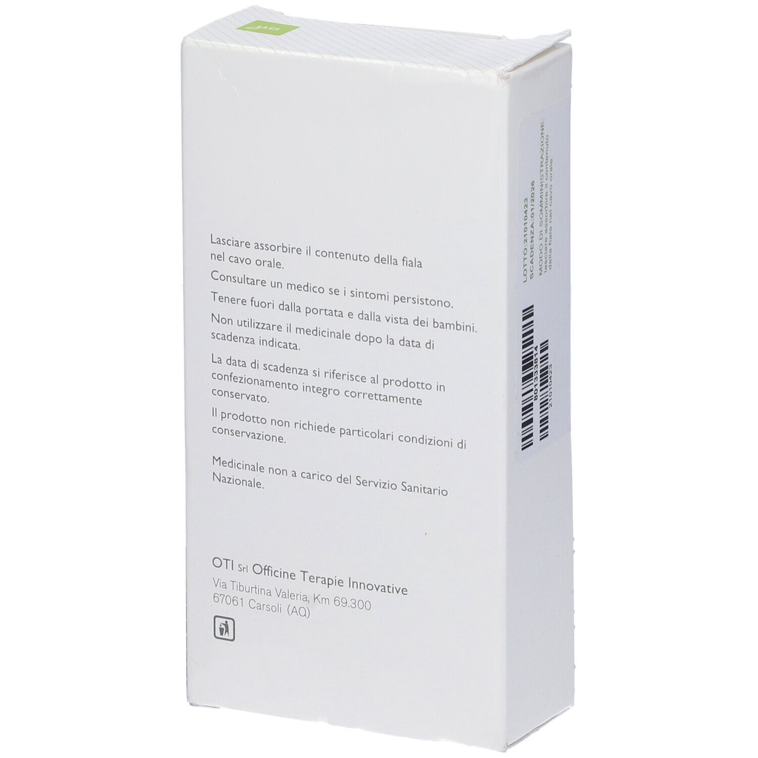 Scatola bianca con testo. Logo OTI. Medicinale omeopatico. Testo su uso e avvertenze.
