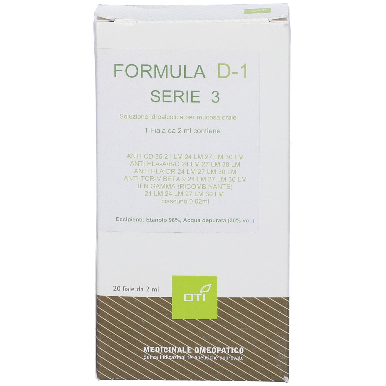 Scatola bianca con scritta verde: FORMULA D-1 SERIE 3. 20 fiale. Logo OTI. Medicinale omeopatico.