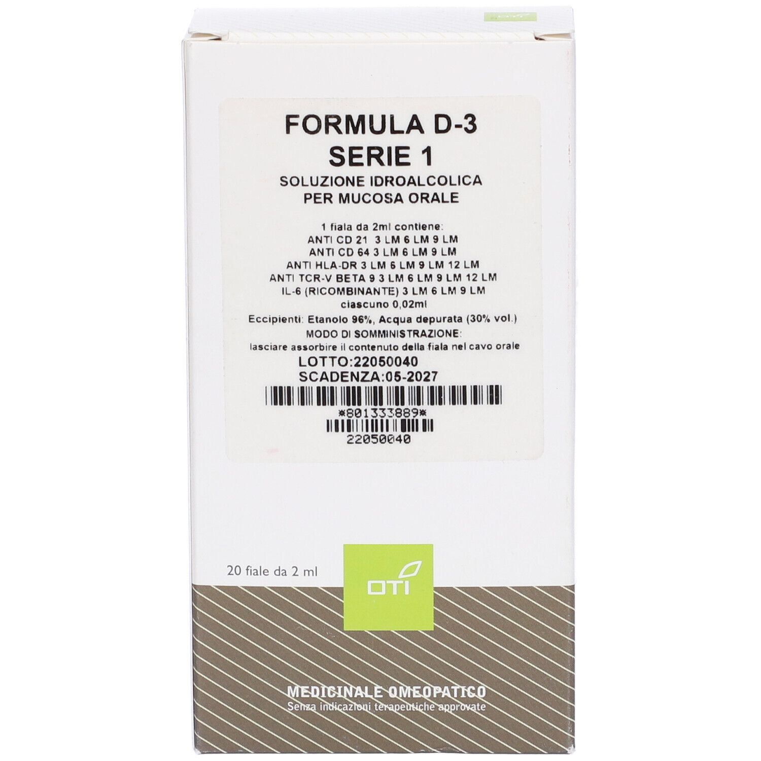 Scatola bianca con informazioni sul prodotto. Testo: Formula D-3 Serie 1. 20 fiale. Logo OTI. Scadenza.