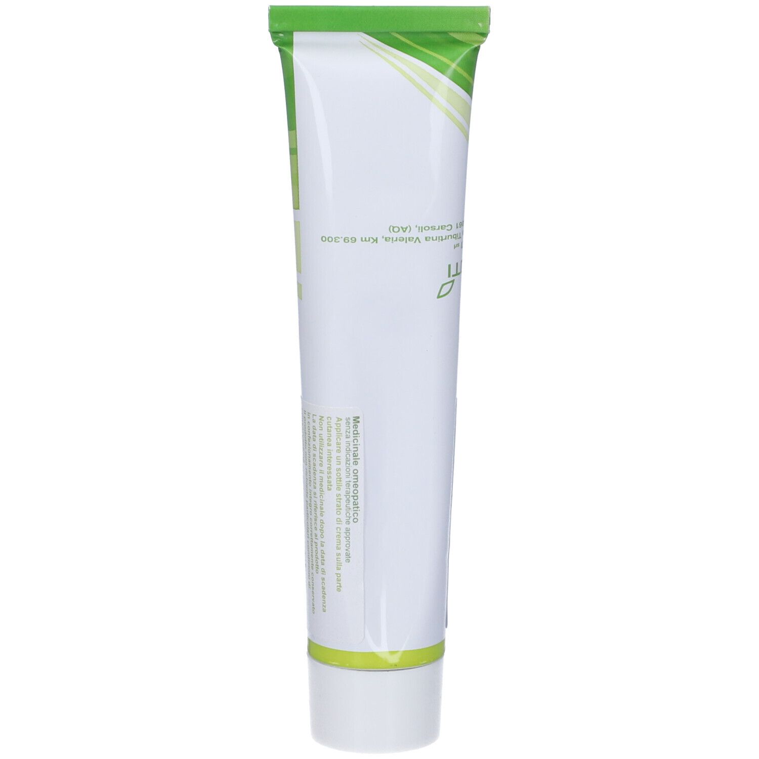 Retro del tubo crema. Bianco, verde. Logo OTI. Testo e informazioni.