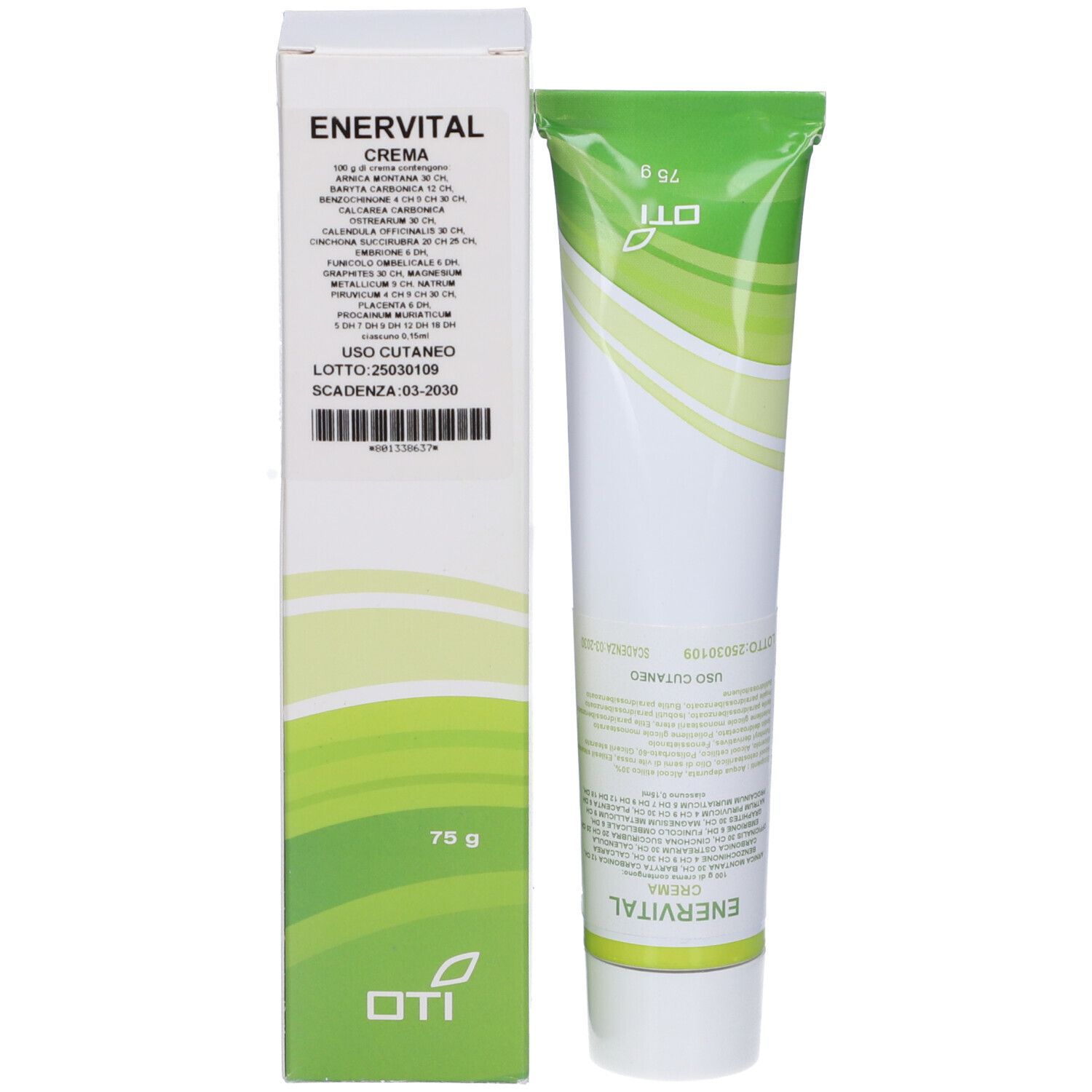 Confezione del prodotto. Tubo e scatola. Enervital Crema. 75 g. Logo OTI. Ingredienti.