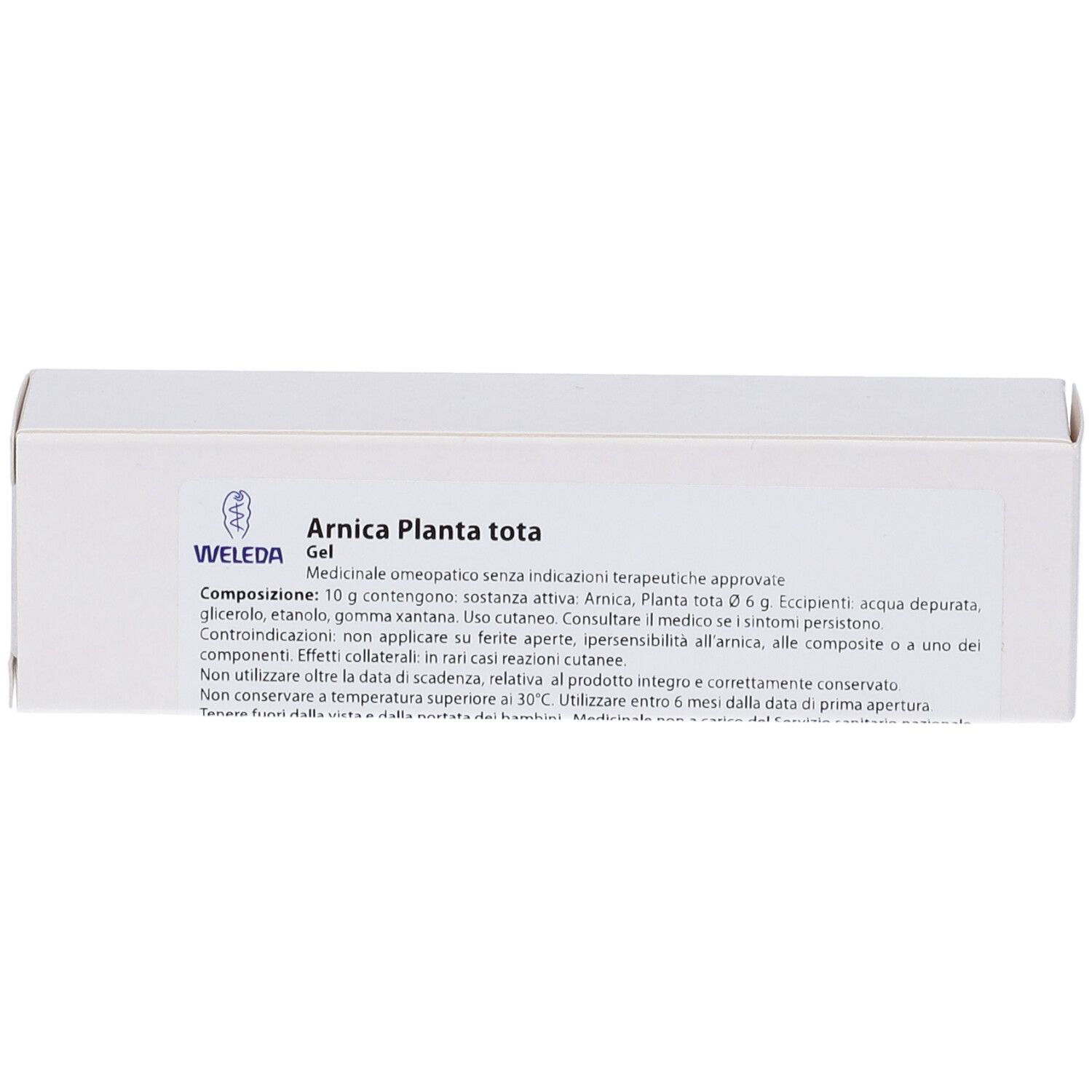 Scatola rettangolare bianca con testo e logo. Scritto: Arnica Planta tota Gel. Marchio: Weleda.