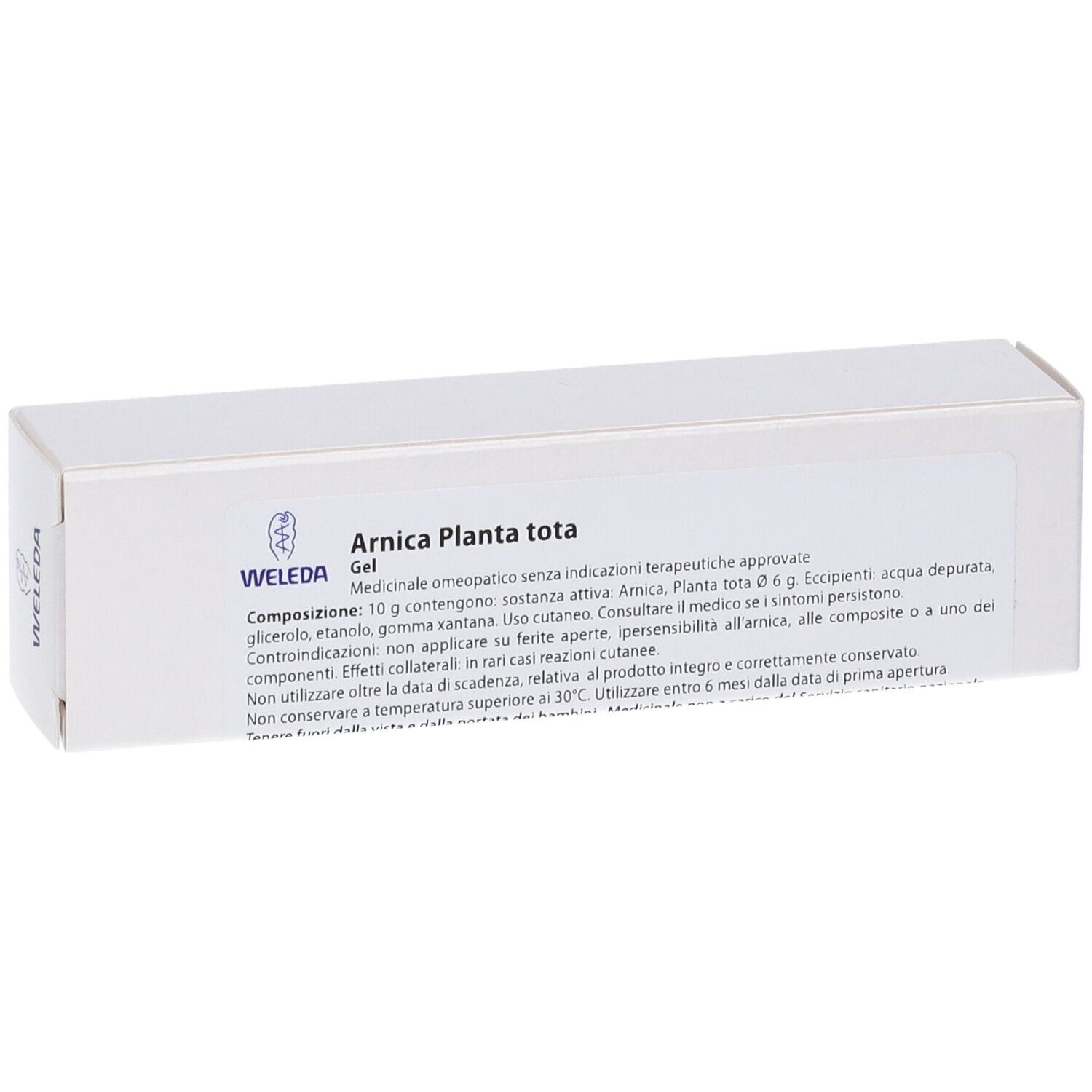 Scatola rettangolare bianca con testo e logo. Scritto: Arnica Planta tota Gel. Marchio: Weleda.