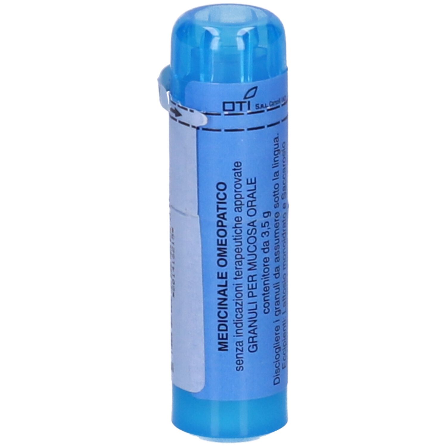 Contenitore blu con etichetta bianca. Testo: Medicinale omeopatico. Granuli per mucosa orale.