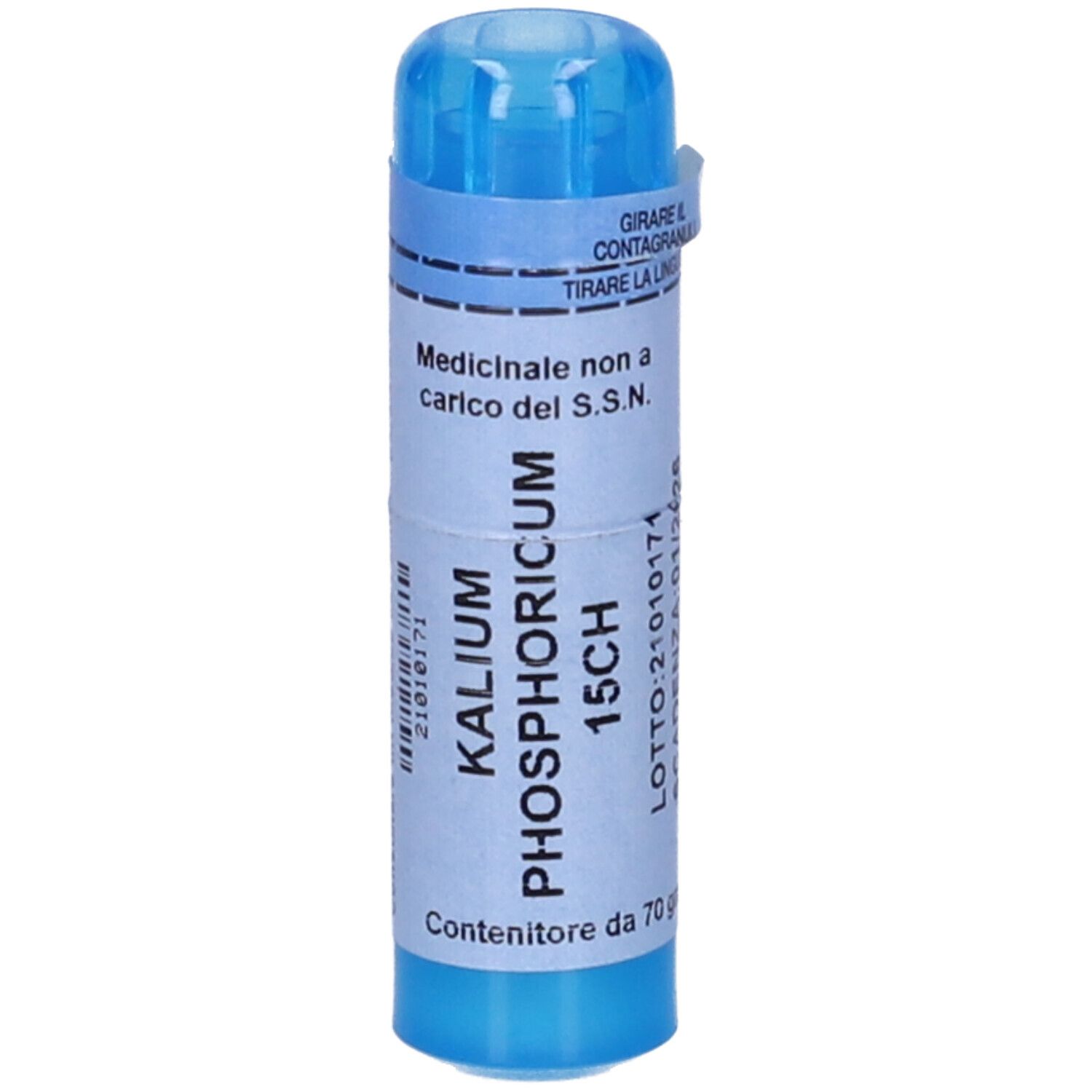 Contenitore blu con etichetta bianca. Scritta: Kalium Phosphoricum 15CH. Scadenza: 01/2026.