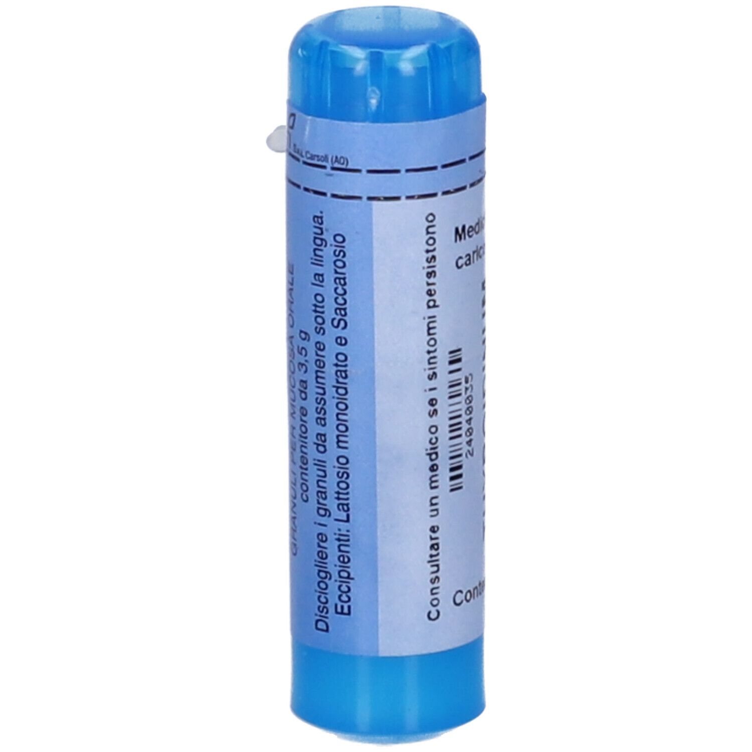 Contenitore cilindrico blu con etichetta bianca. Contiene granuli. Scritto: Lattosio monoidrato e saccarosio.