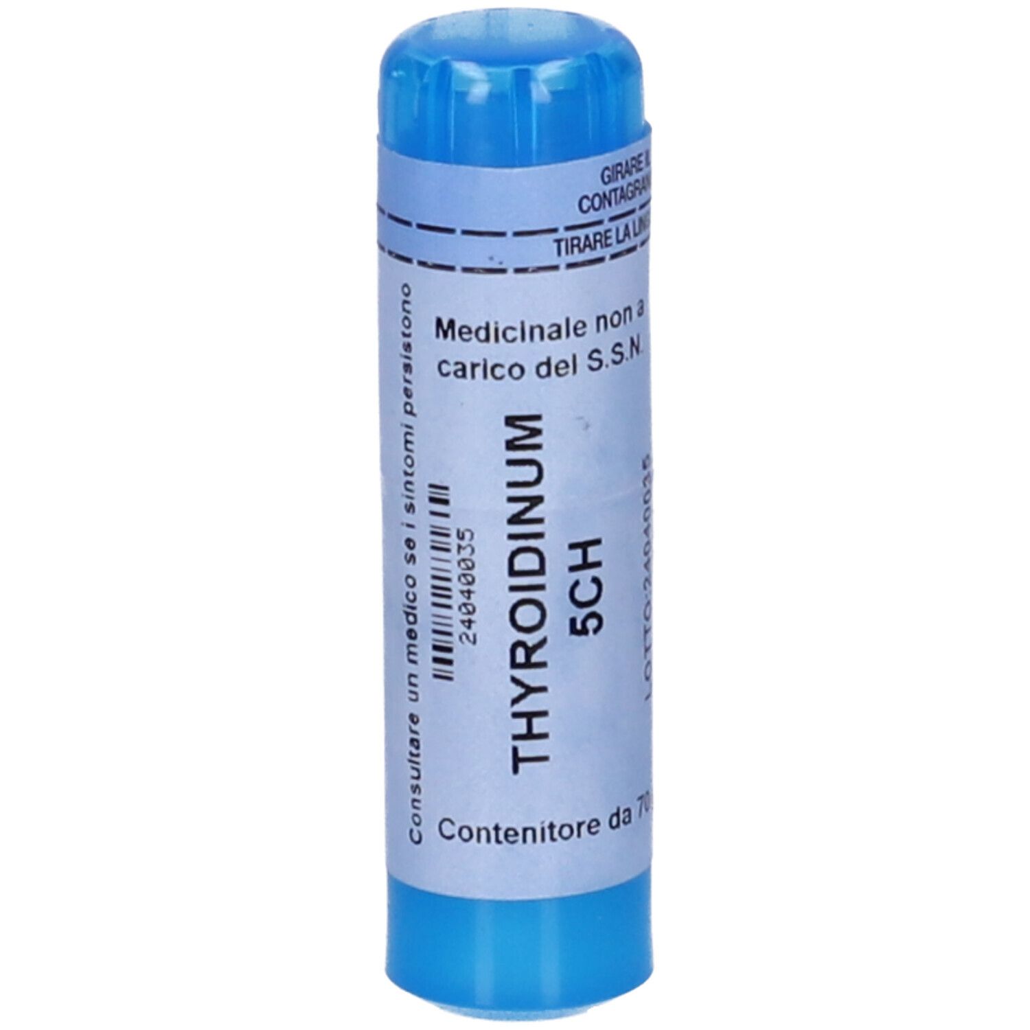 Contenitore cilindrico blu con etichetta bianca. Scritto: Thyroidinum 5CH. Contenuto: 70 granuli.