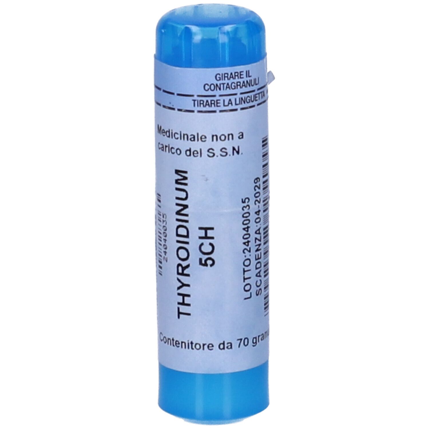 Contenitore cilindrico blu con etichetta bianca. Scritto: Thyroidinum 5CH. Contenuto: 70 granuli. Con data di scadenza.