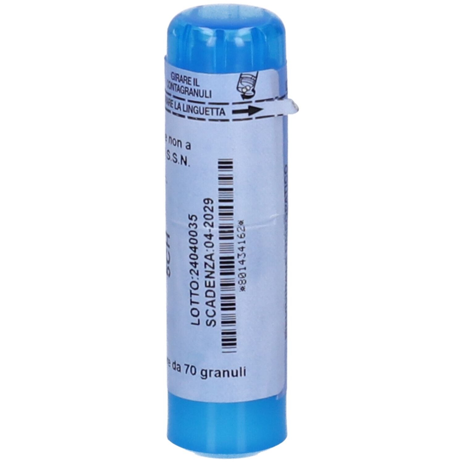 Contenitore cilindrico blu con etichetta bianca. Scritto: 70 granuli. Con data di scadenza.