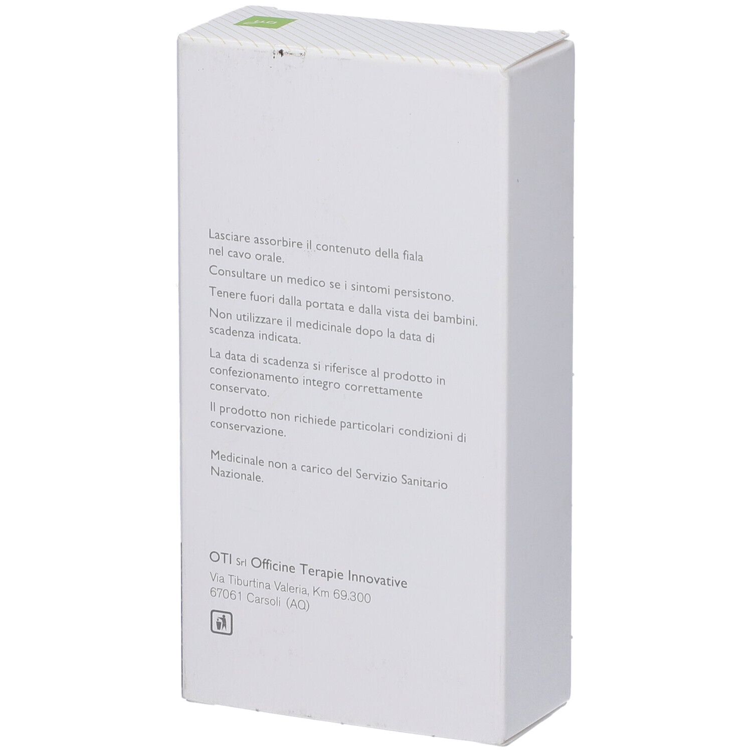 Scatola bianca, retro. Testo: istruzioni per l'uso, avvertenze. Logo: OTI. Medicinali omeopatici.