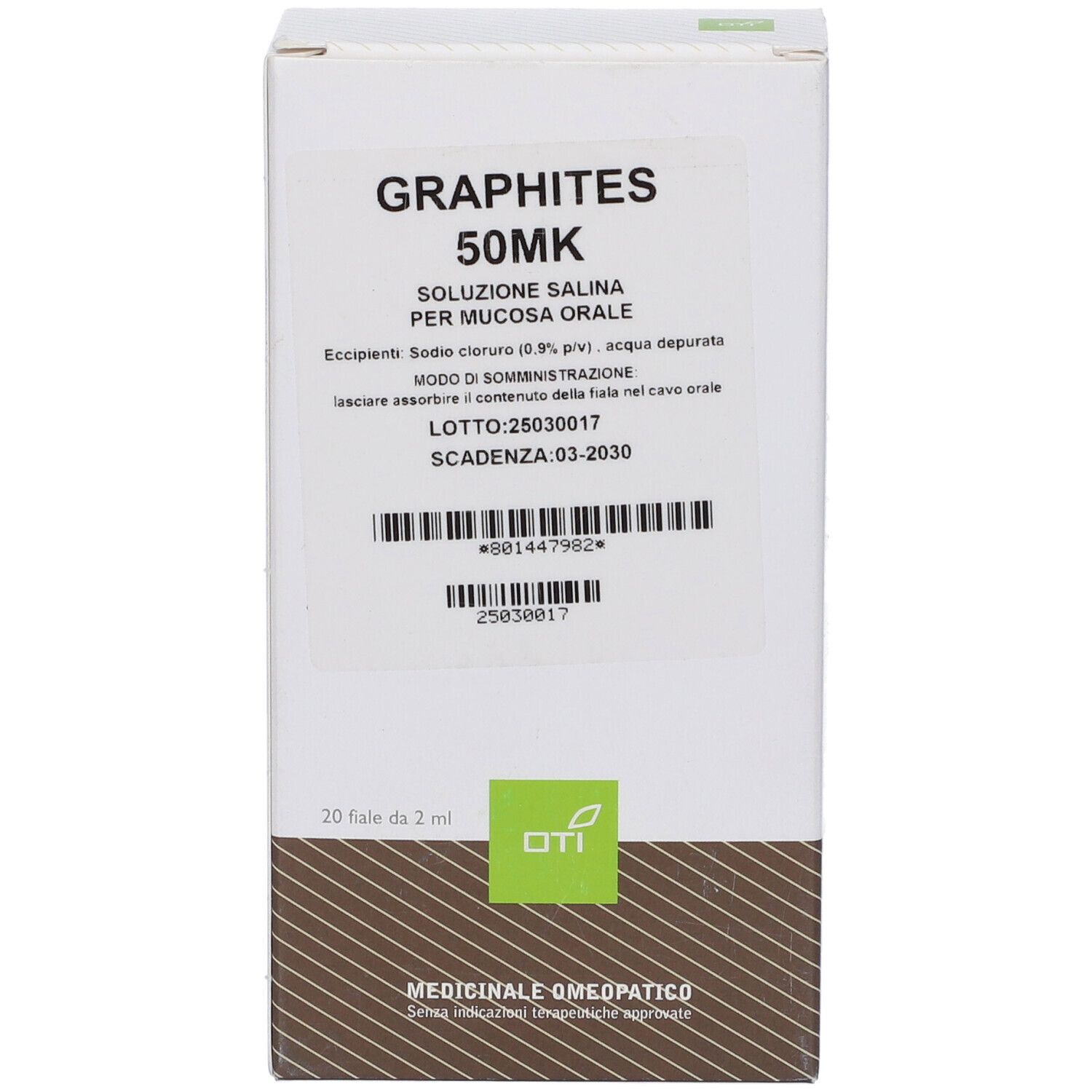 Scatola bianca con informazioni prodotto. Scritto: Graphites 50MK, 20 Fiale da 2 ml. Logo: OTI. Medicinali omeopatici.