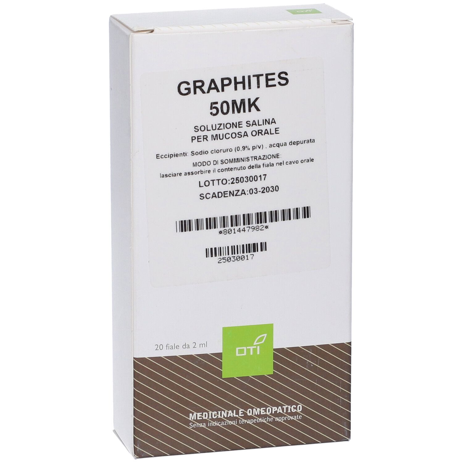 Scatola bianca con informazioni prodotto. Scritto: Graphites 50MK, 20 Fiale da 2 ml. Logo: OTI. Medicinali omeopatici.