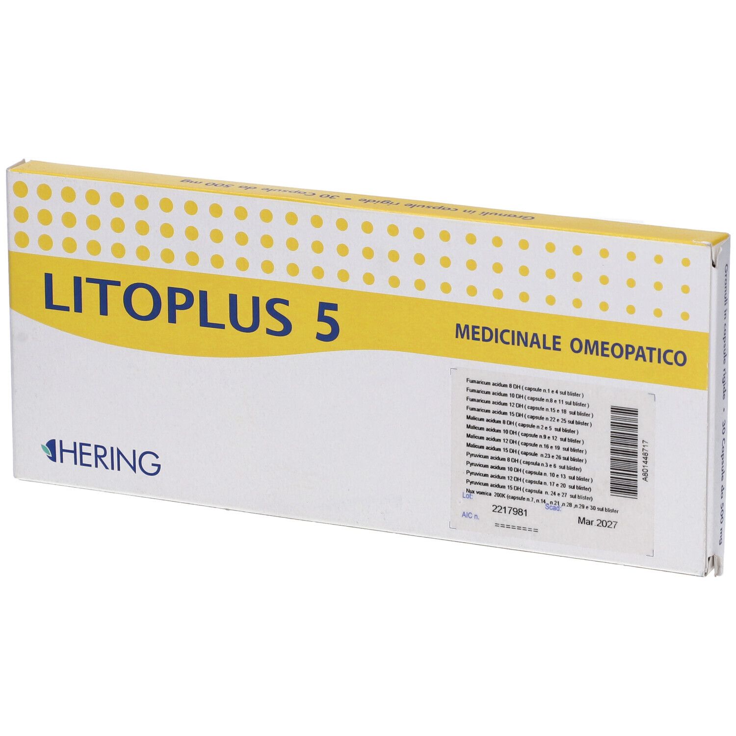 Scatola con fascia gialla. Scritta: LITOPLUS 5, HERING. Designazione medica. Codice a barre.
