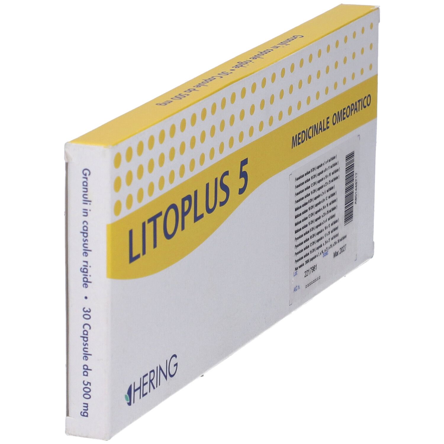 Scatola con fascia gialla. Scritta: LITOPLUS 5, HERING. Designazione medica. Codice a barre.