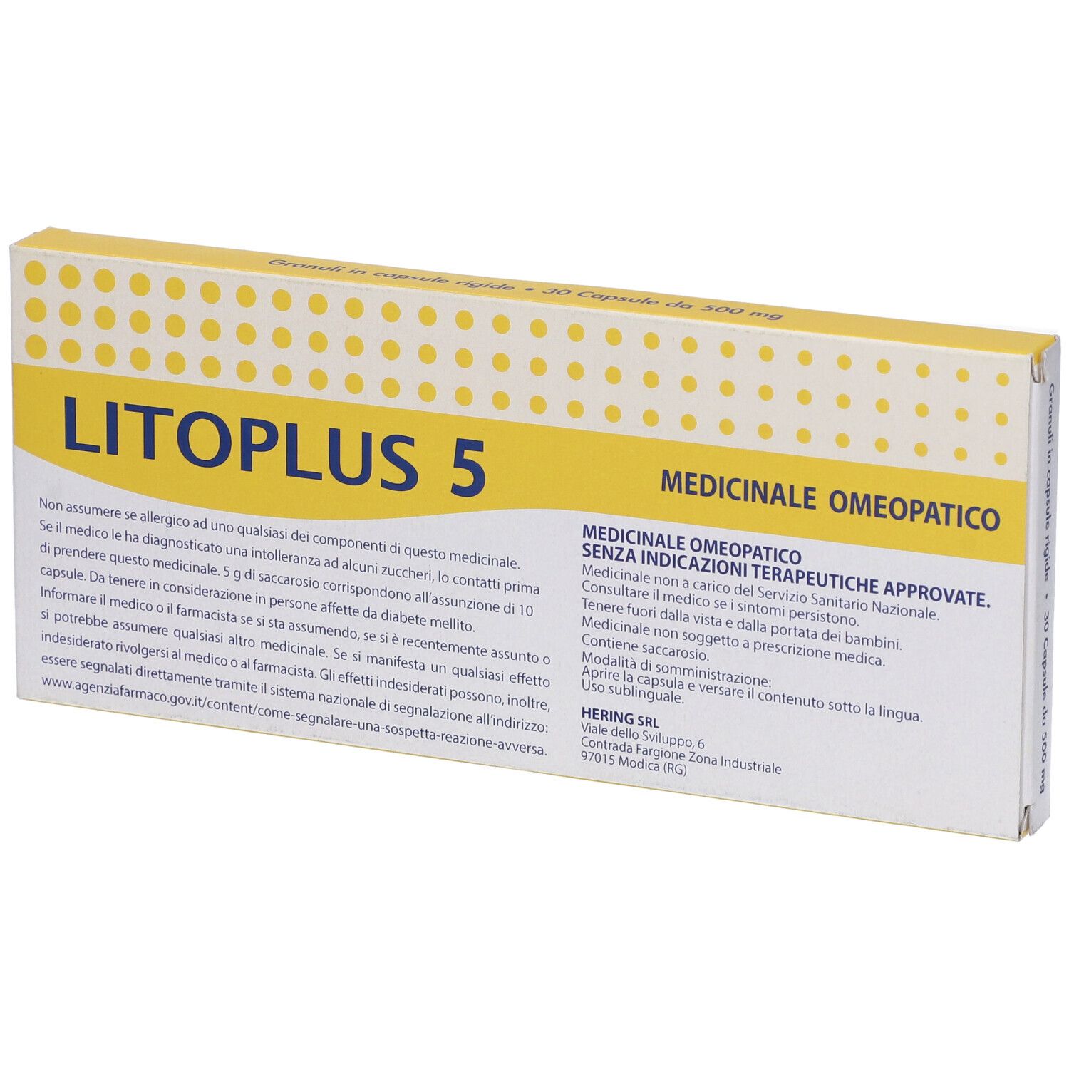 Scatola con fascia gialla. Scritta: LITOPLUS 5, HERING. Designazione medica. Testo.