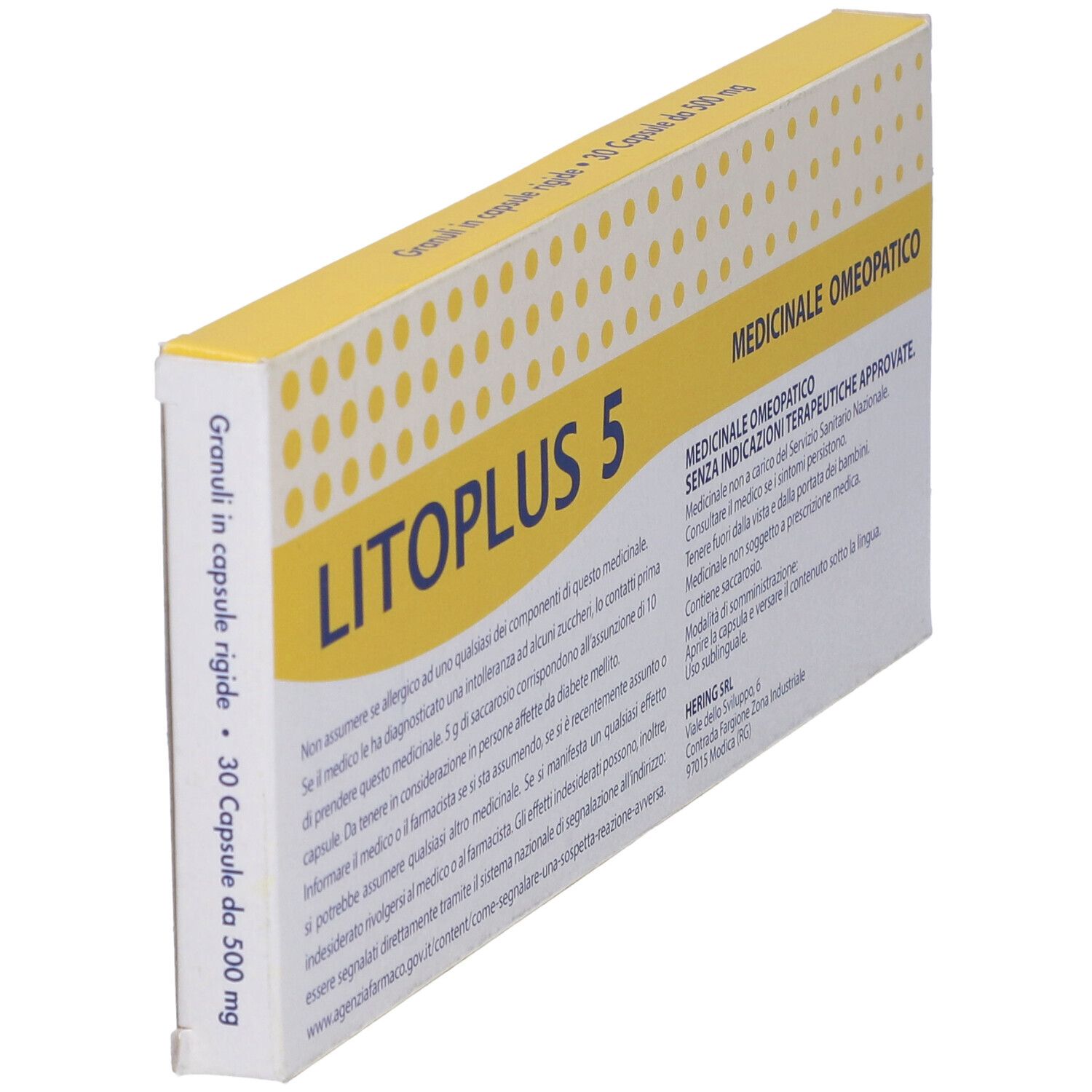 Scatola con fascia gialla. Scritta: LITOPLUS 5, HERING. Designazione medica. Testo.