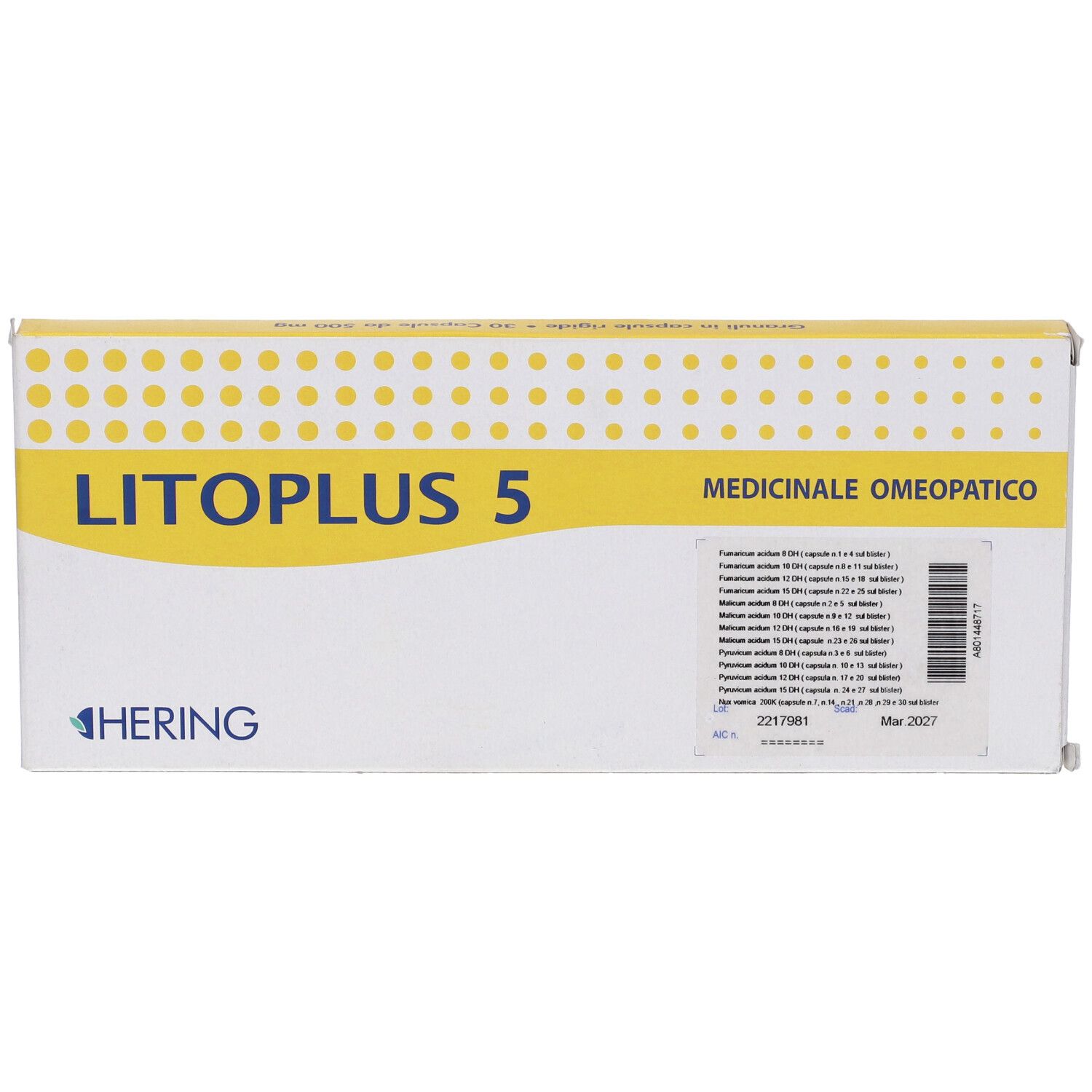 Scatola con fascia gialla. Scritta: LITOPLUS 5, HERING. Designazione medica. Codice a barre.