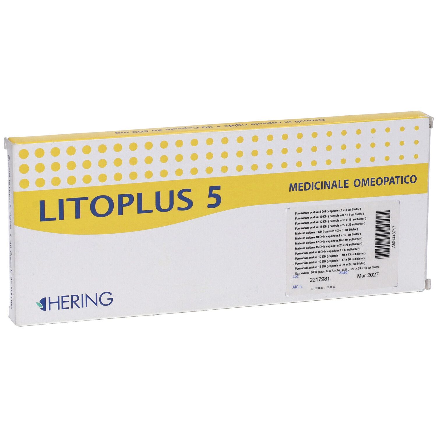 Scatola con fascia gialla. Scritta: LITOPLUS 5, HERING. Designazione medica. Codice a barre.