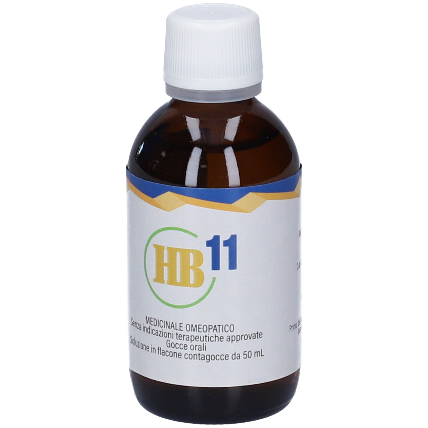 Flacone in vetro ambrato con tappo contagocce bianco, etichetta "HB 11" e "Gocce omeopatiche".