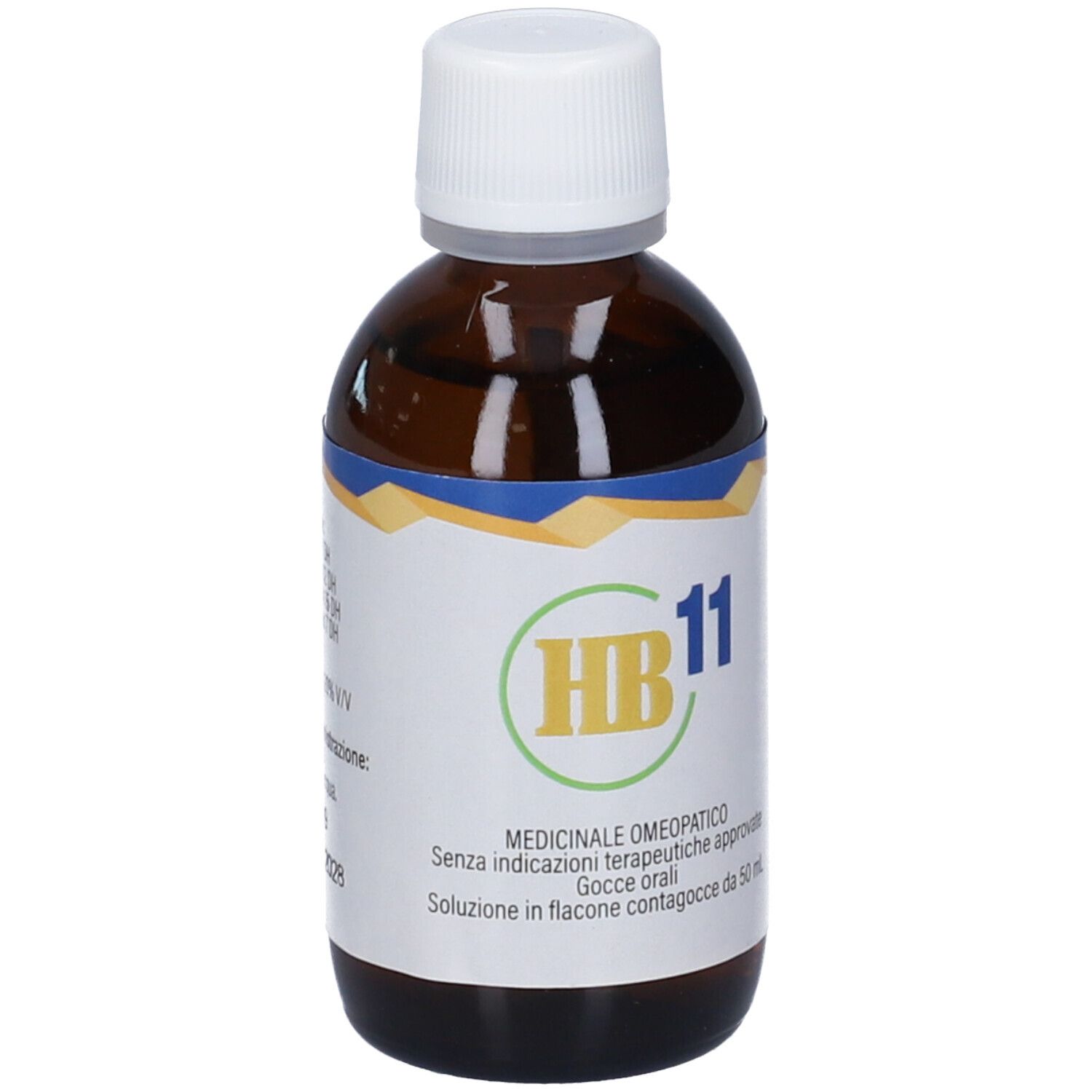 Flacone in vetro ambrato con tappo contagocce bianco, etichetta "HB 11" e "Gocce omeopatiche".